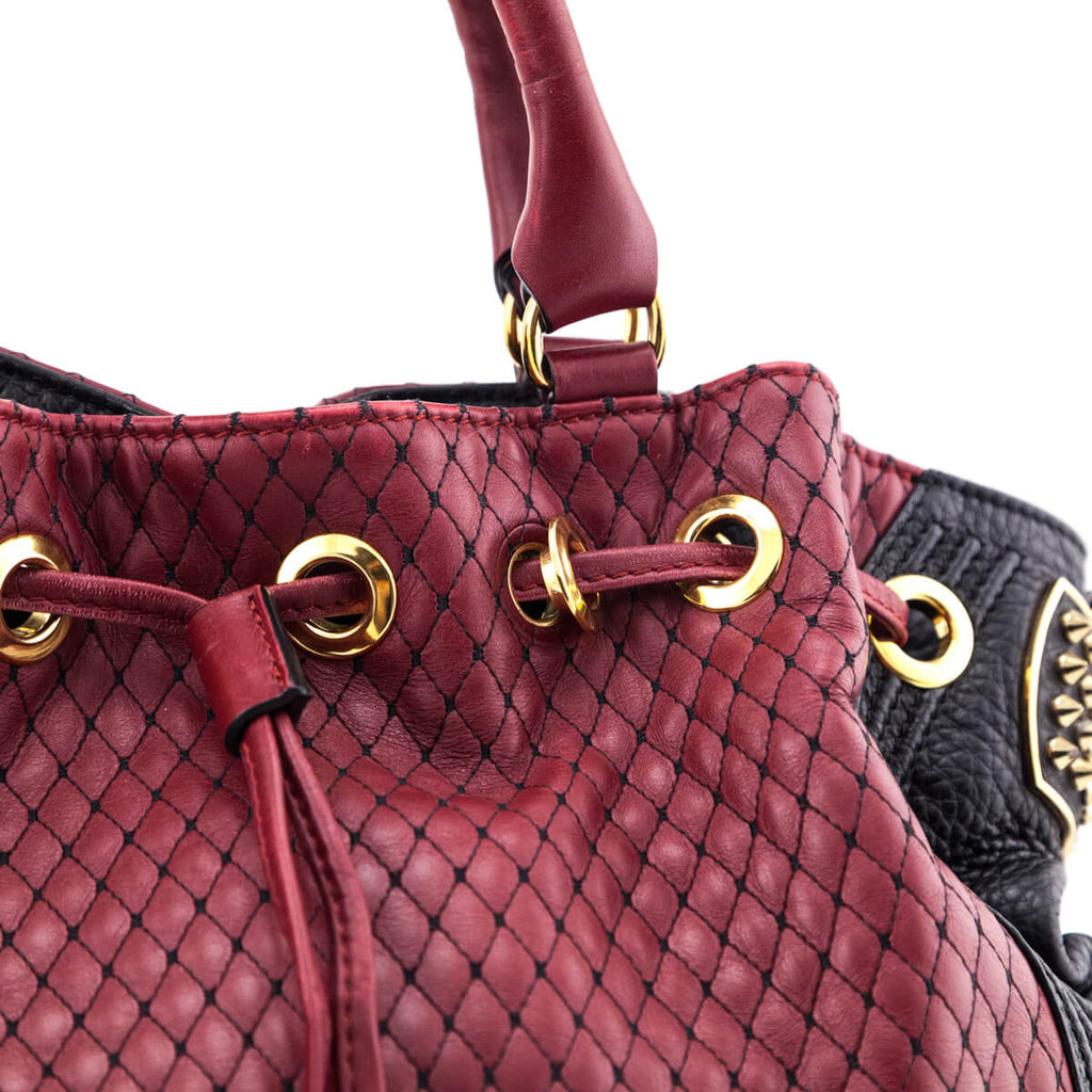 Louboutin Red & Black Quilted Leather Dompteuse Spike Bucket Bag
