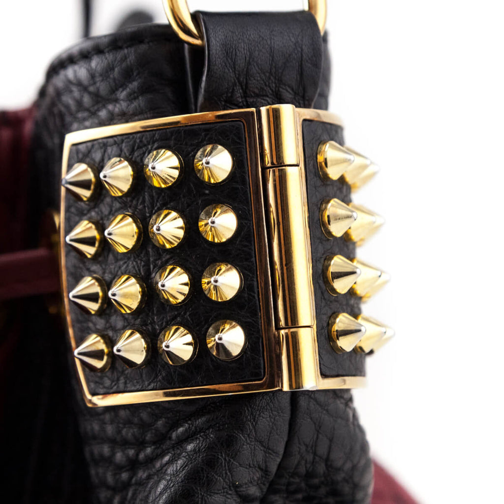 Louboutin Red & Black Quilted Leather Dompteuse Spike Bucket Bag