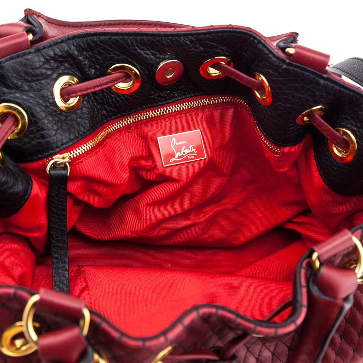 Louboutin Red & Black Quilted Leather Dompteuse Spike Bucket Bag