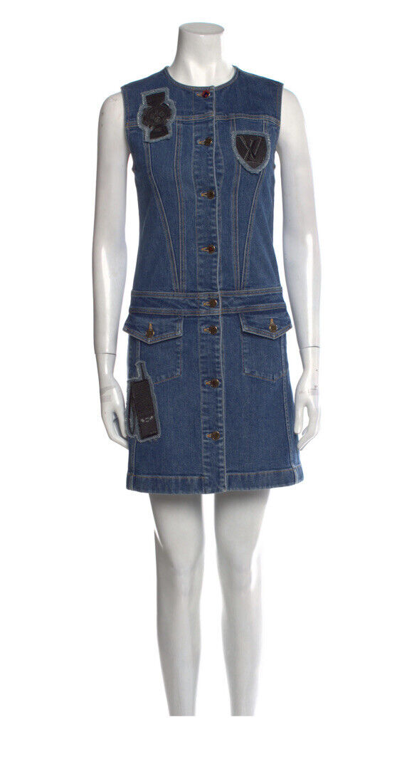 LOUIS VUITTON BLUE DENIM & PATCHES SLEEVELESS DRESS