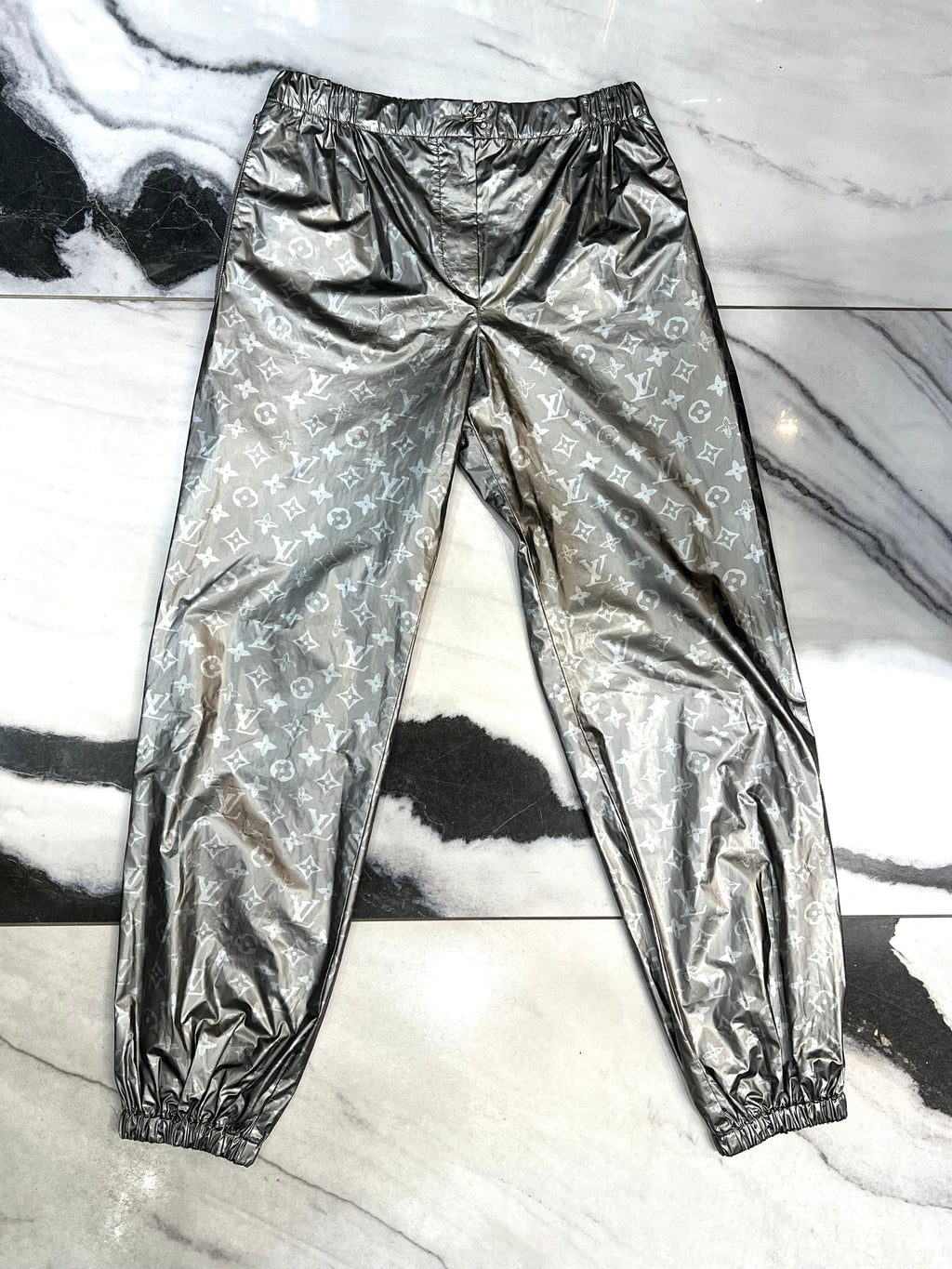 LOUIS VUITTON METALLIC SILVER MONOGRAM TRACK PANTS