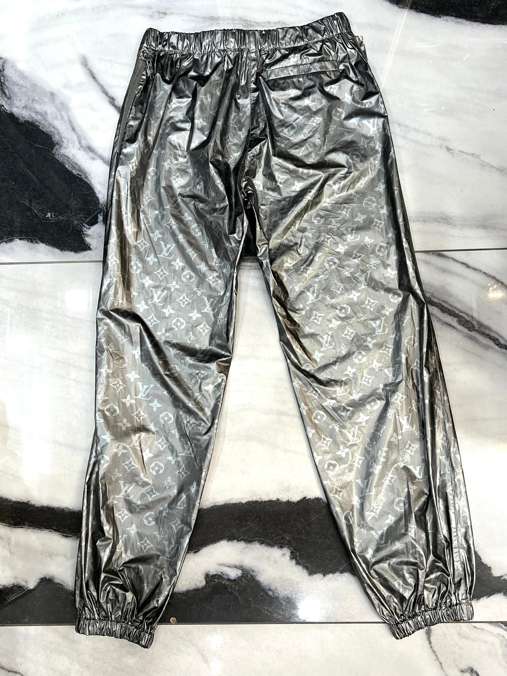 LOUIS VUITTON METALLIC SILVER MONOGRAM TRACK PANTS