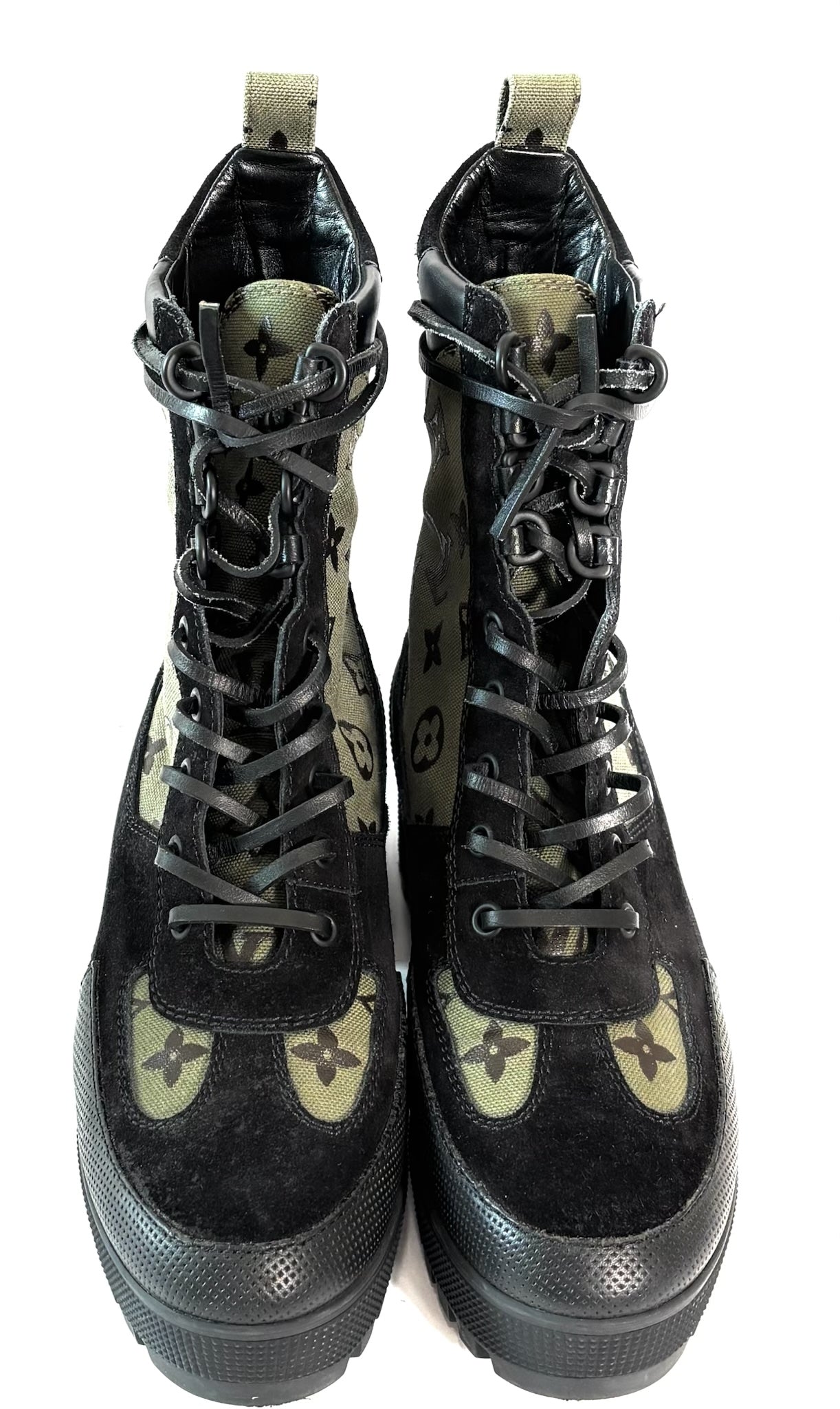 LOUIS VUITTON SUEDE MONOGRAM LAURETTE PLATFORM DESERT BOOTS