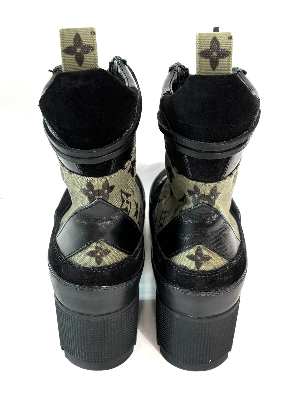 LOUIS VUITTON SUEDE MONOGRAM LAURETTE PLATFORM DESERT BOOTS
