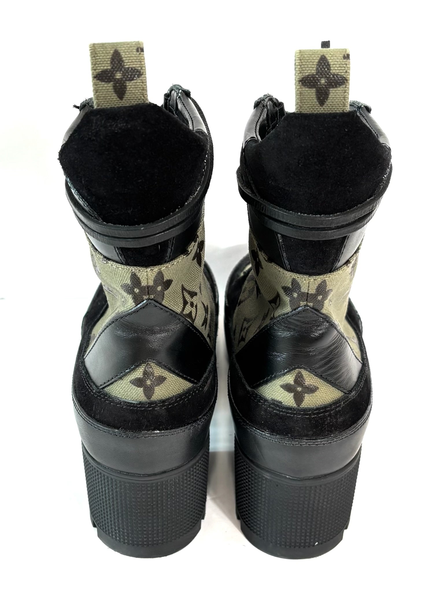 LOUIS VUITTON SUEDE MONOGRAM LAURETTE PLATFORM DESERT BOOTS