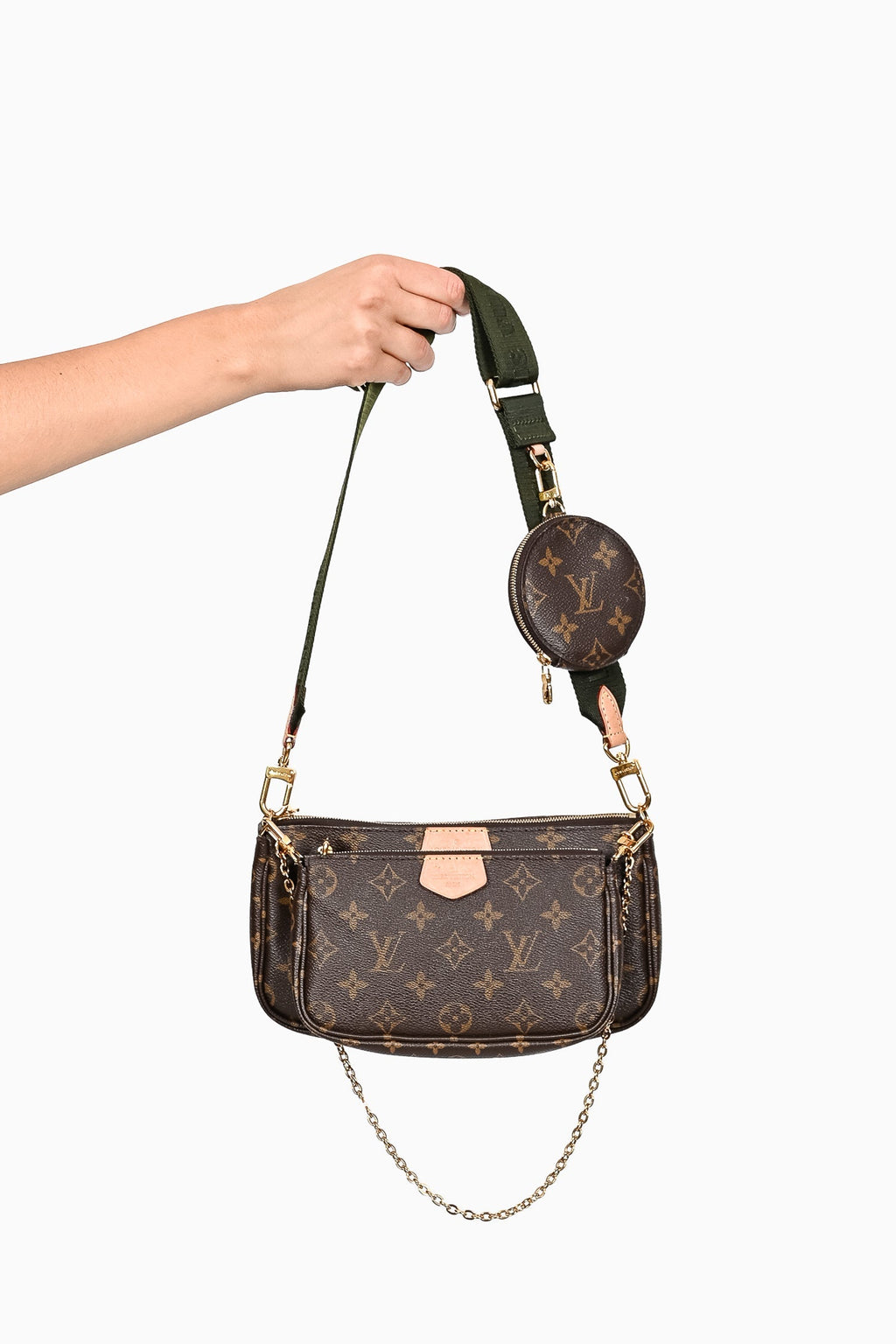 Louis Vuitton 2020 Brown Leather Monogram Multi Pouch Pochette Crossbody w/ Green Strap