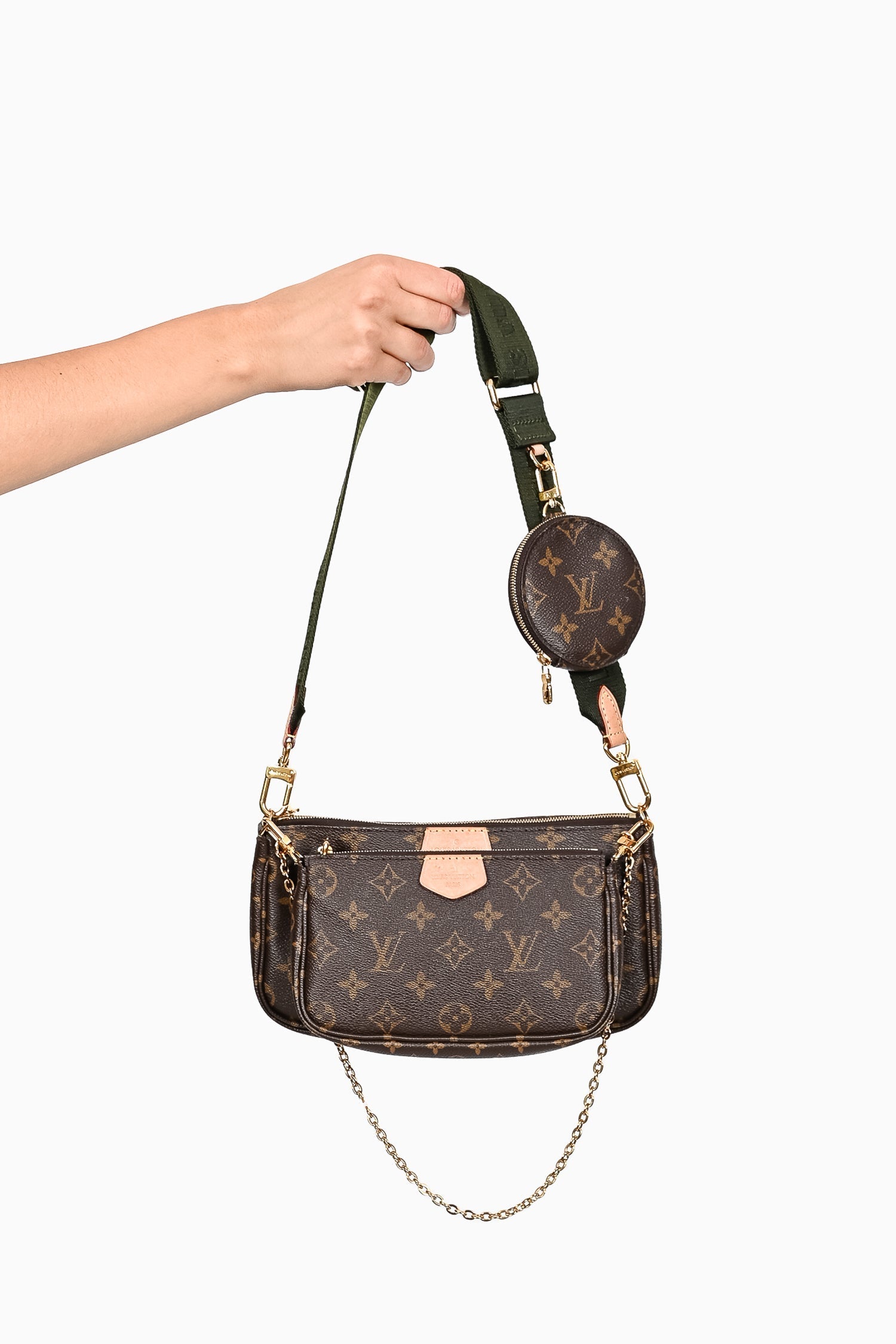 Louis Vuitton 2020 Brown Leather Monogram Multi Pouch Pochette Crossbody w/ Green Strap