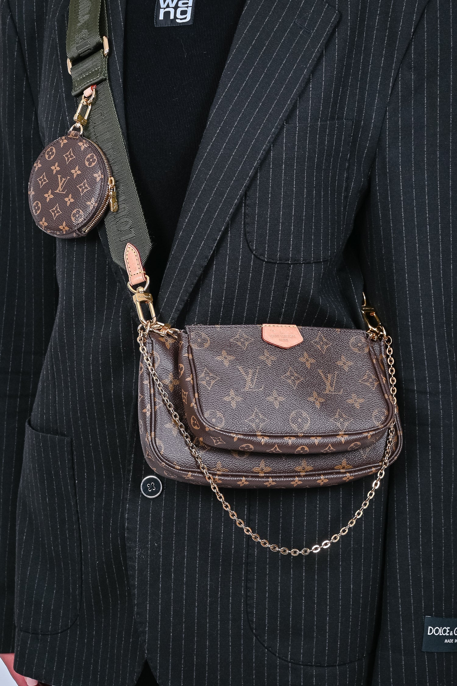 Louis Vuitton 2020 Brown Leather Monogram Multi Pouch Pochette Crossbody w/ Green Strap
