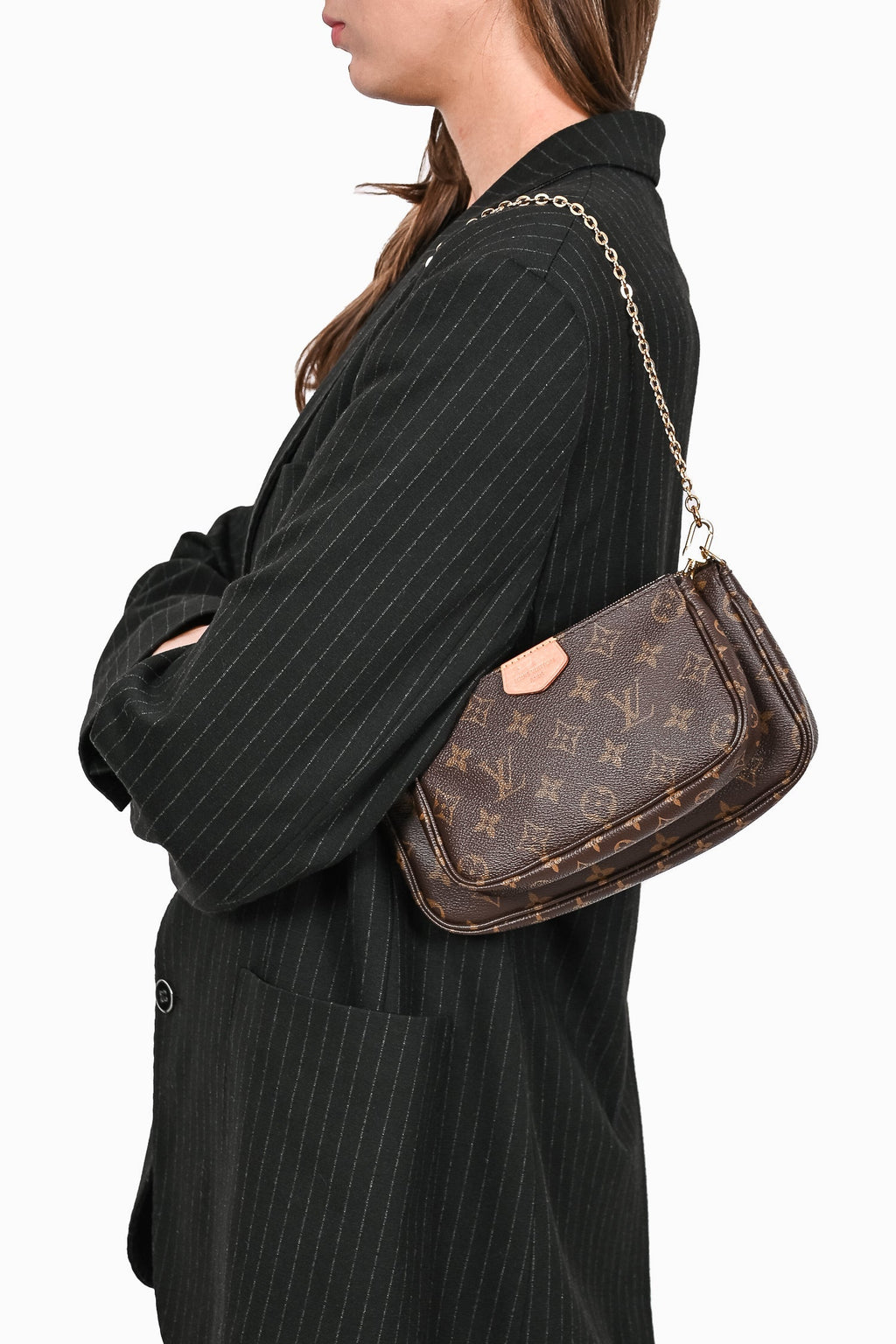 Louis Vuitton 2020 Brown Leather Monogram Multi Pouch Pochette Crossbody w/ Green Strap