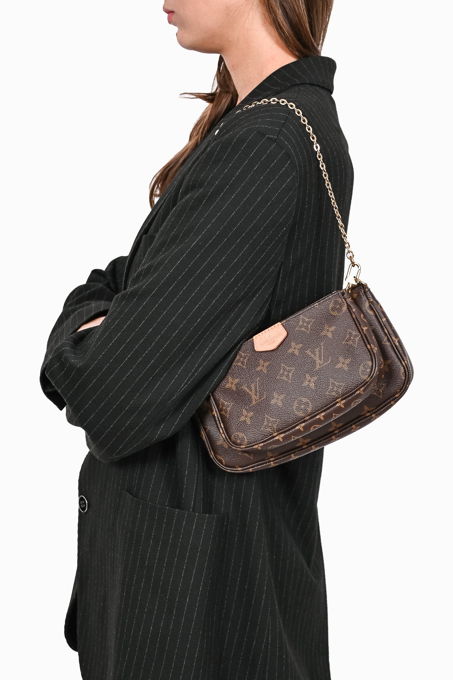Louis Vuitton 2020 Brown Leather Monogram Multi Pouch Pochette Crossbody w/ Green Strap