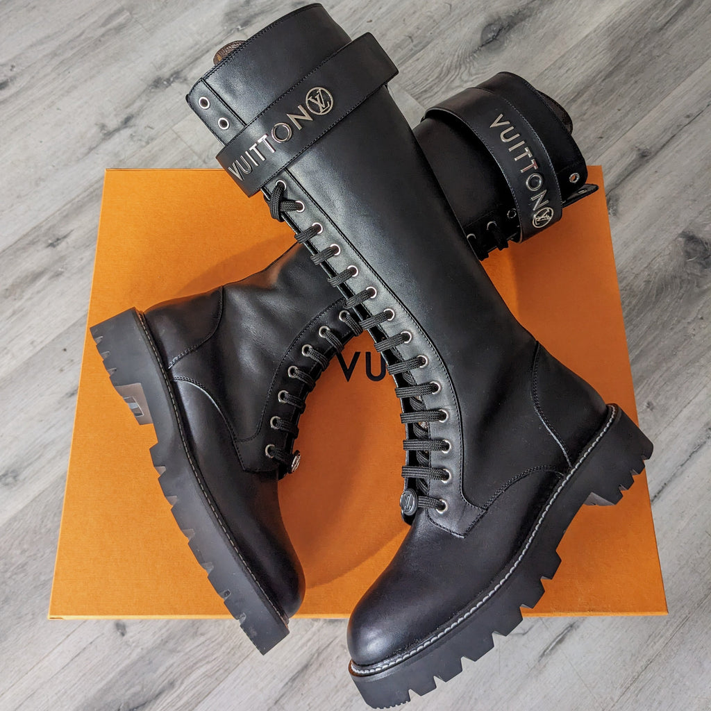 Louis Vuitton Black Leather and Monogram Territory Tall Lace Up Ranger Boot - 37 