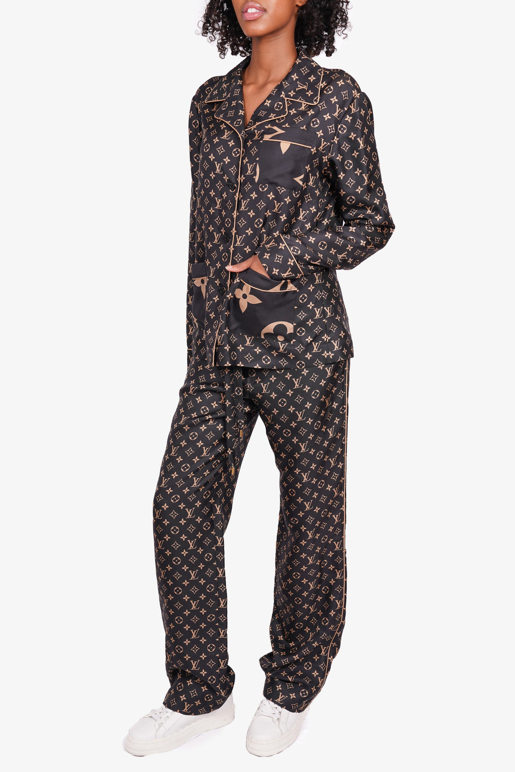 Louis Vuitton Black Monogram Silk Escale Pajama Set Size 38/36