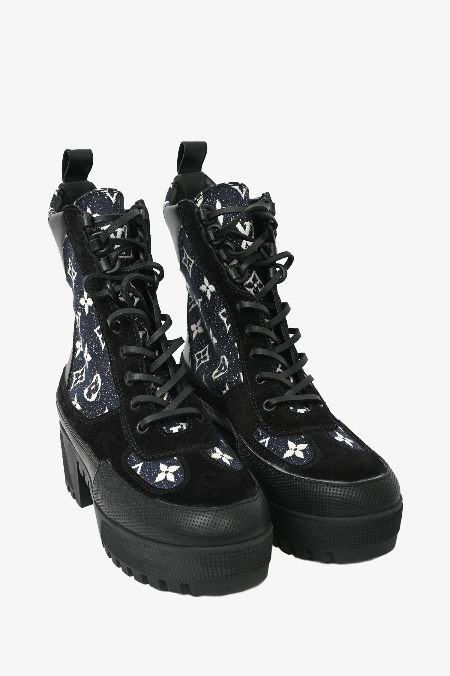 Louis Vuitton Black/Navy Leather / Denim Star Trail Line Ankle Boots Size 38