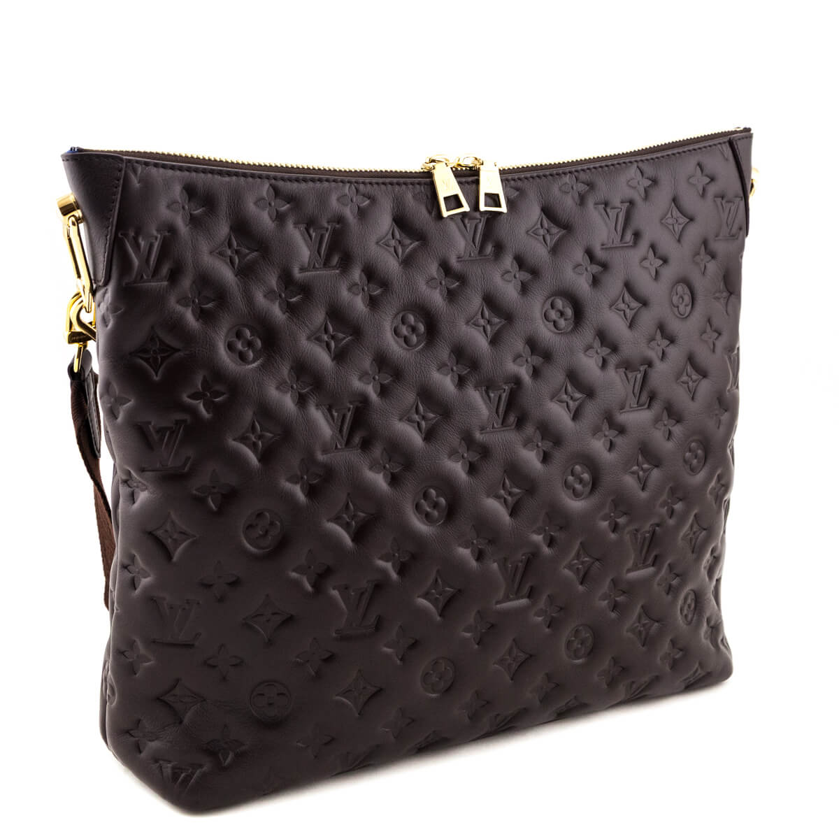 Louis Vuitton Chocolate Calfskin Embossed Monogram Coussin Hobo MM