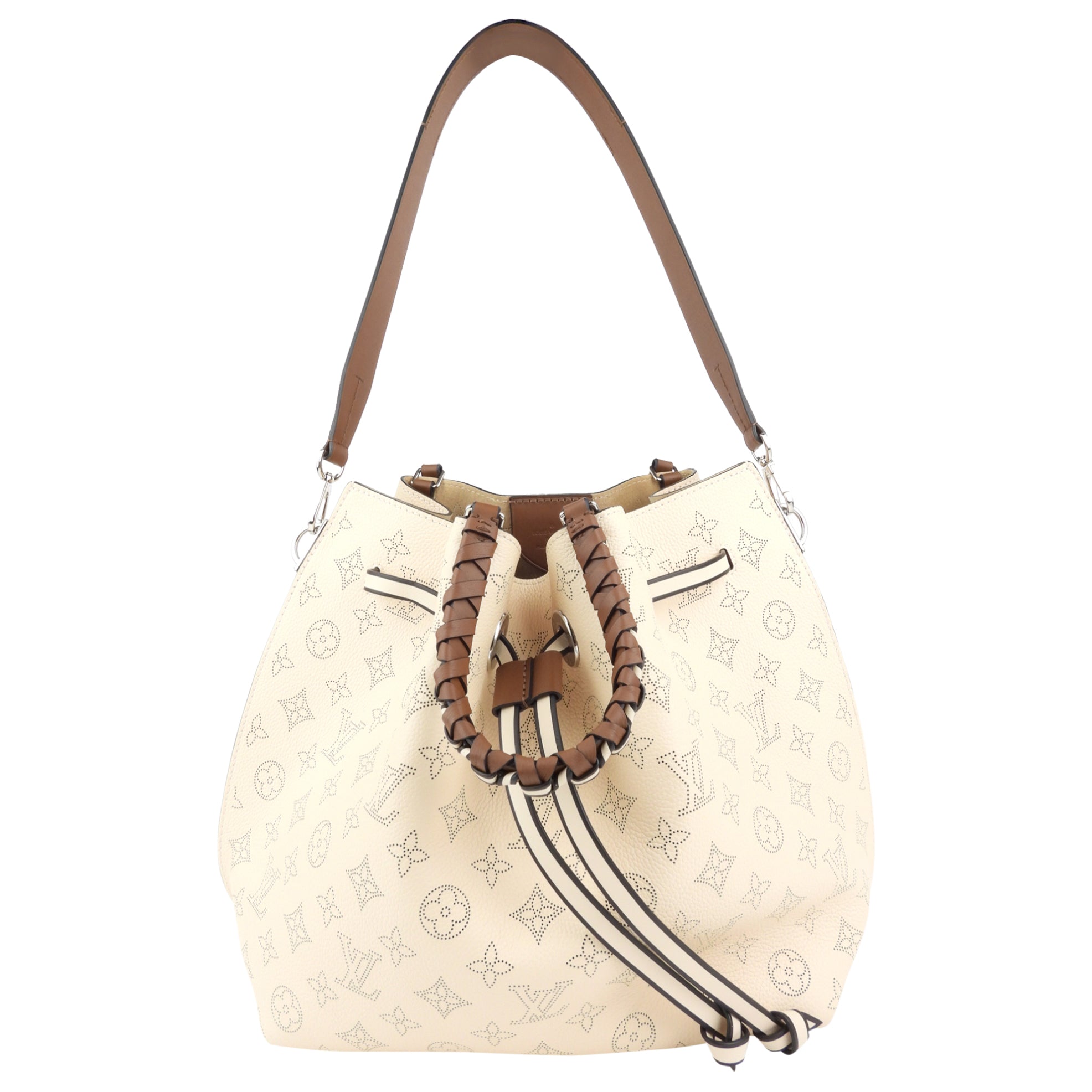 Louis Vuitton Crème Beige and Brown Mahina Perforated Calfskin Leather Girolata Two Way Shoulder Bag