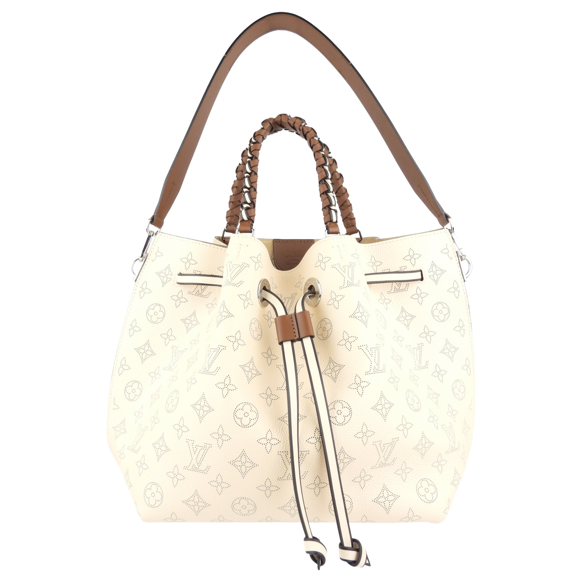 Louis Vuitton Crème Beige and Brown Mahina Perforated Calfskin Leather Girolata Two Way Shoulder Bag