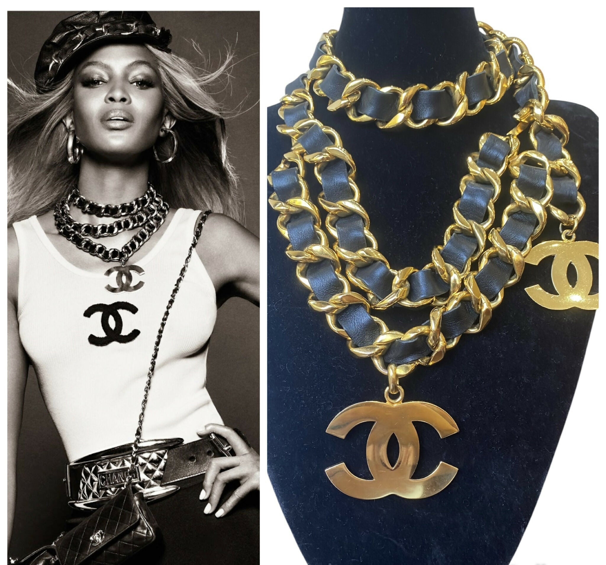 Iconic Vintage Chanel 93P Jumbo Gold Chain CC Logo Black Leather Belt Necklace