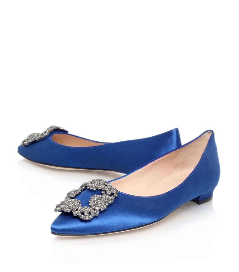 MANOLO BLAHNIK HANGISIFLAT SATIN JEWEL BUCKLE FLAT SHOES