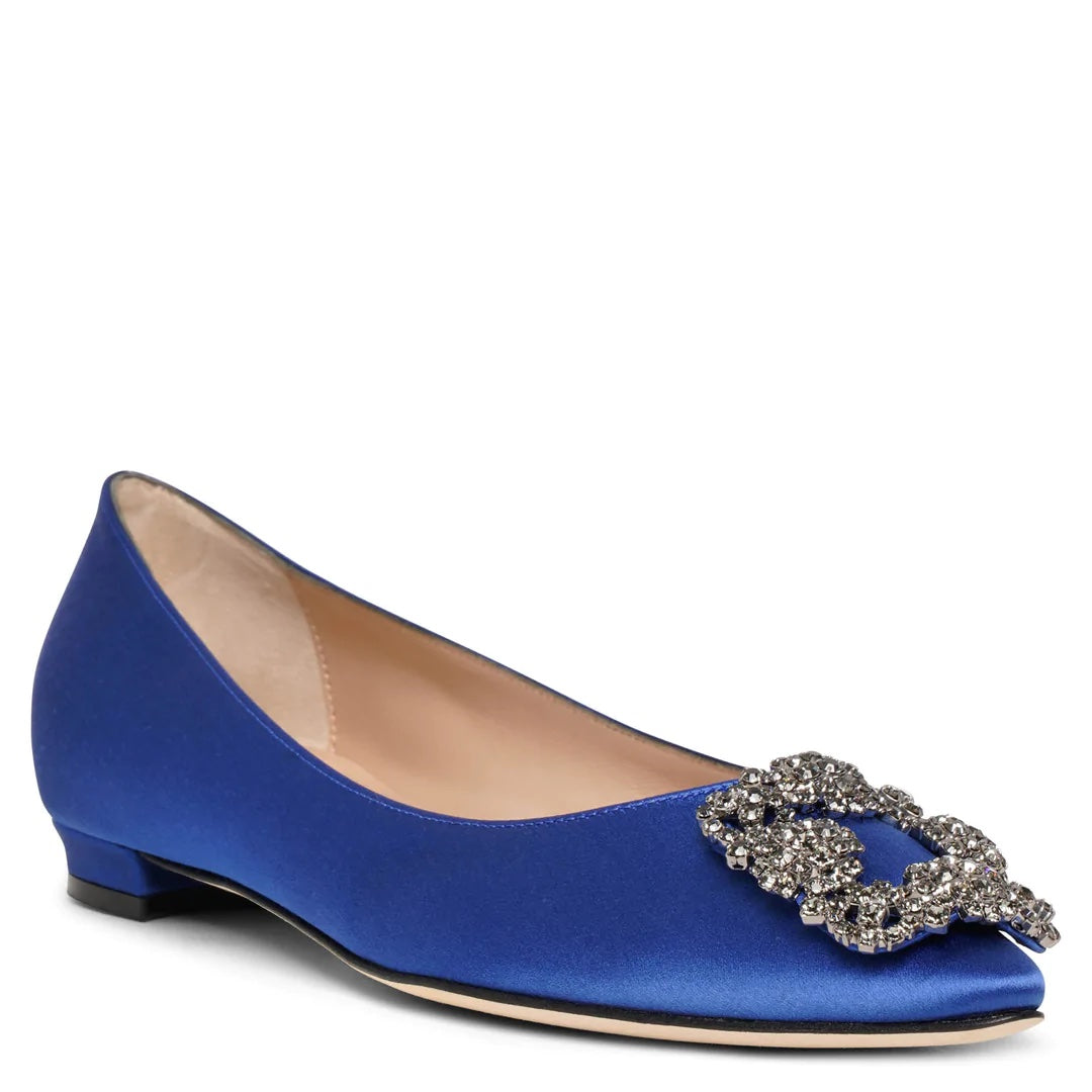 MANOLO BLAHNIK HANGISIFLAT SATIN JEWEL BUCKLE FLAT SHOES