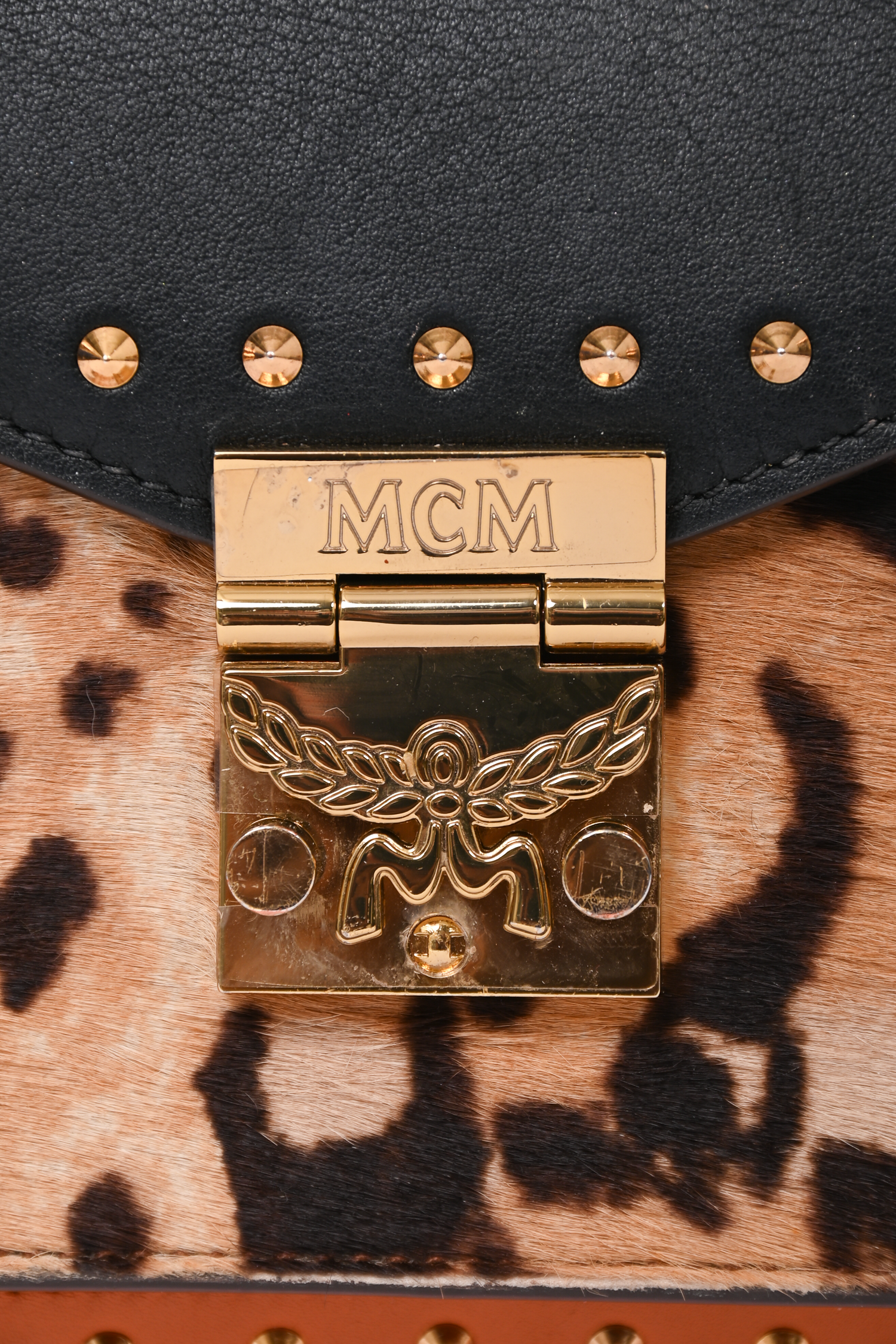 MCM Brown/Black Leather Leopard Print Top Handle Bag