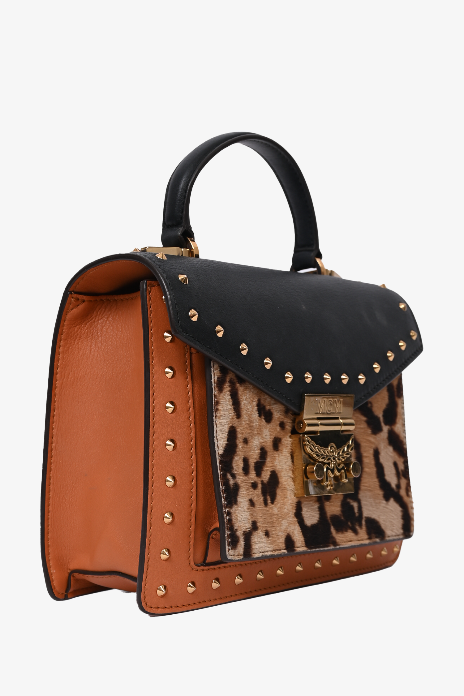 MCM Brown/Black Leather Leopard Print Top Handle Bag