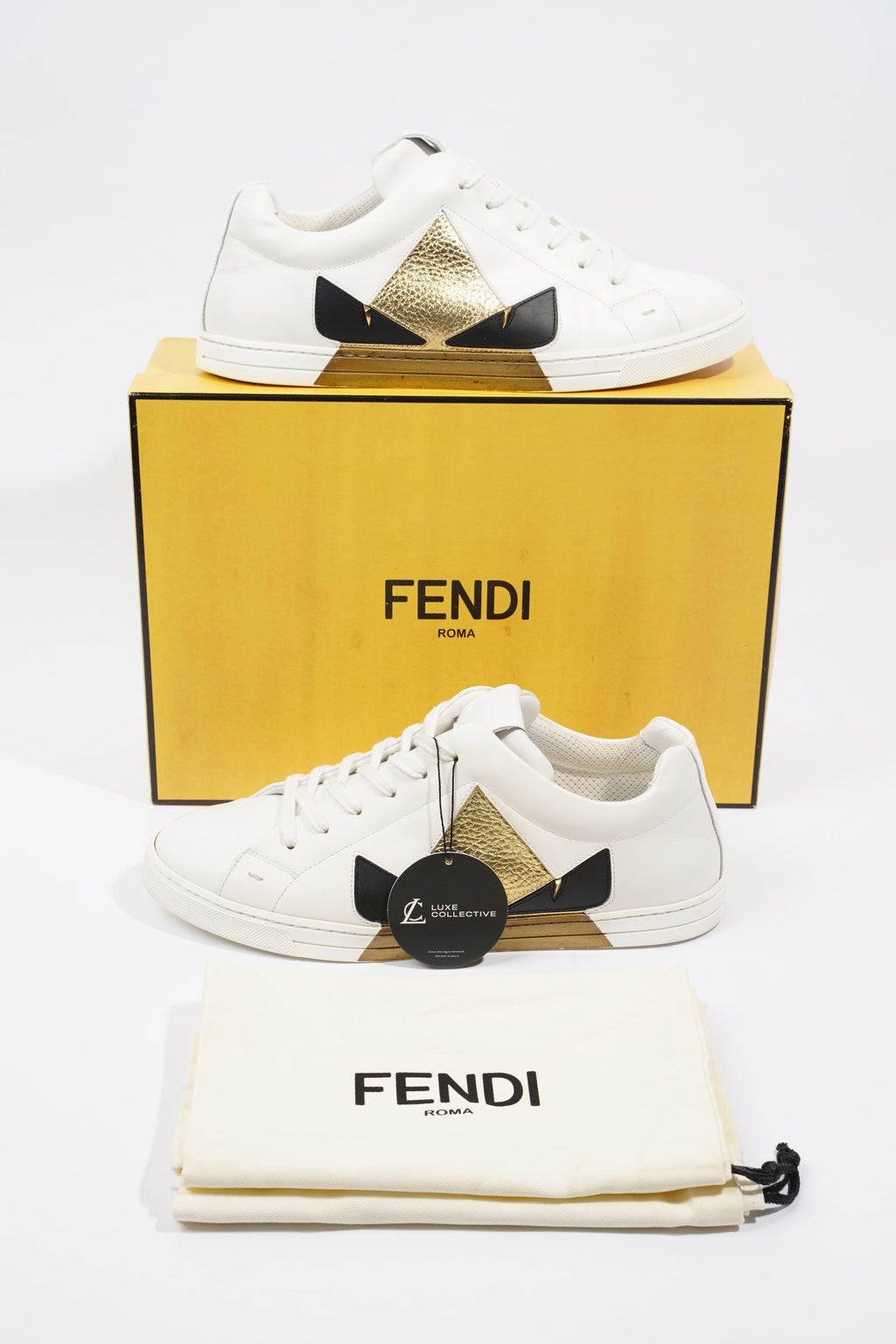 Fendi Monster Eyes Sneaker White / Gold / Black Leather EU 42 UK 8