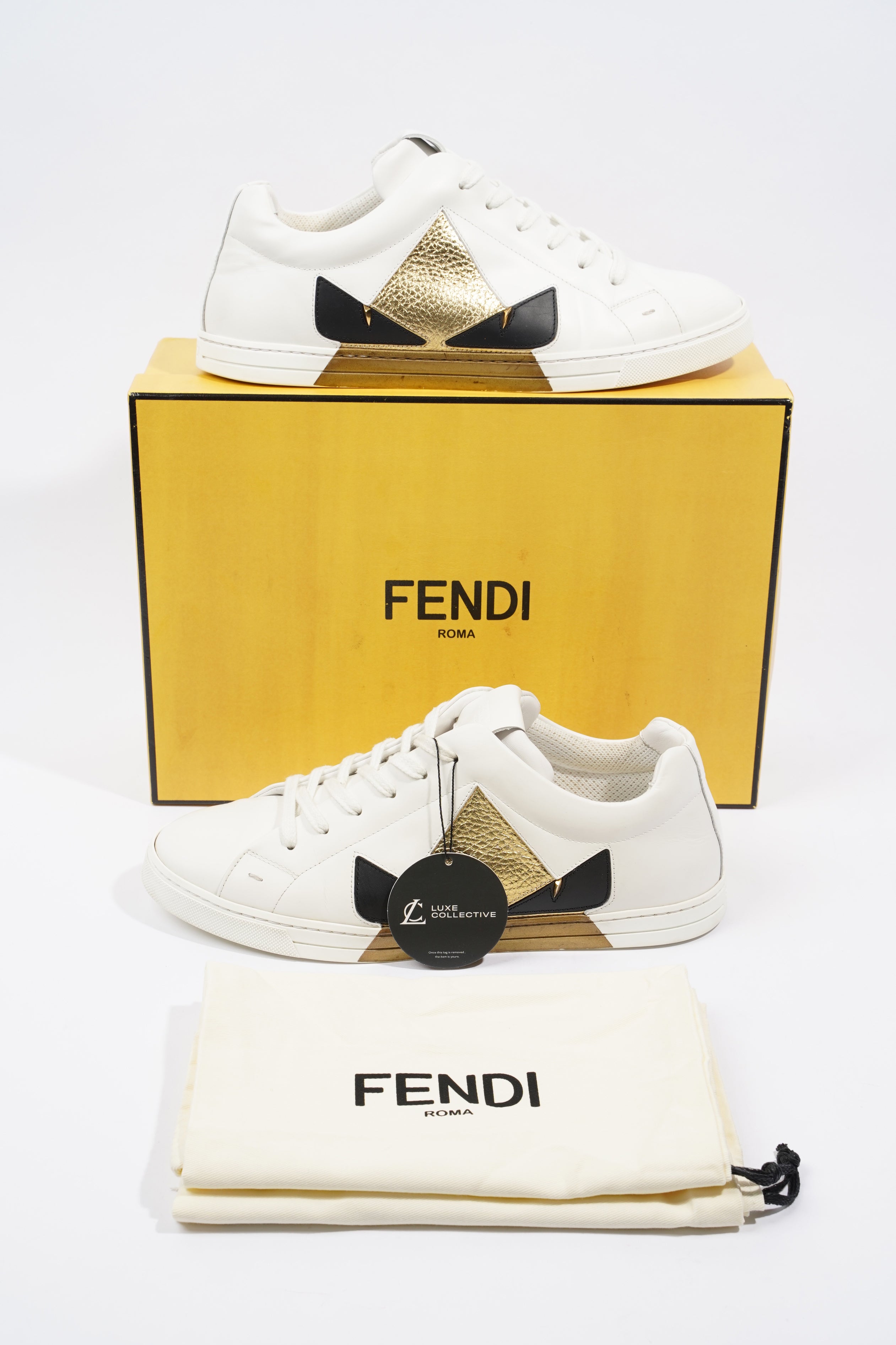 Fendi Monster Eyes Sneaker White / Gold / Black Leather EU 42 UK 8
