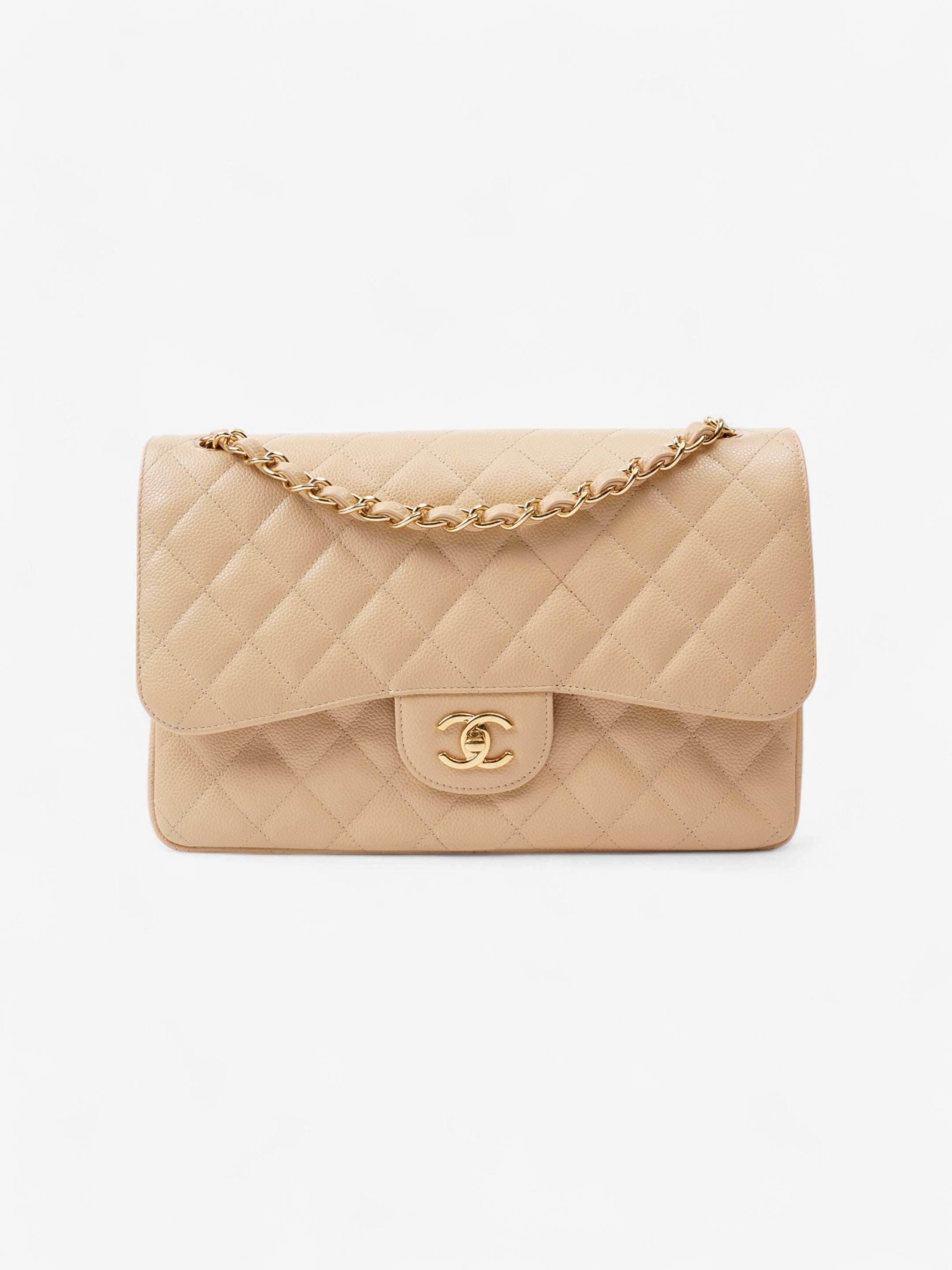 Chanel Classic Double Flap Beige Caviar Leather Jumbo