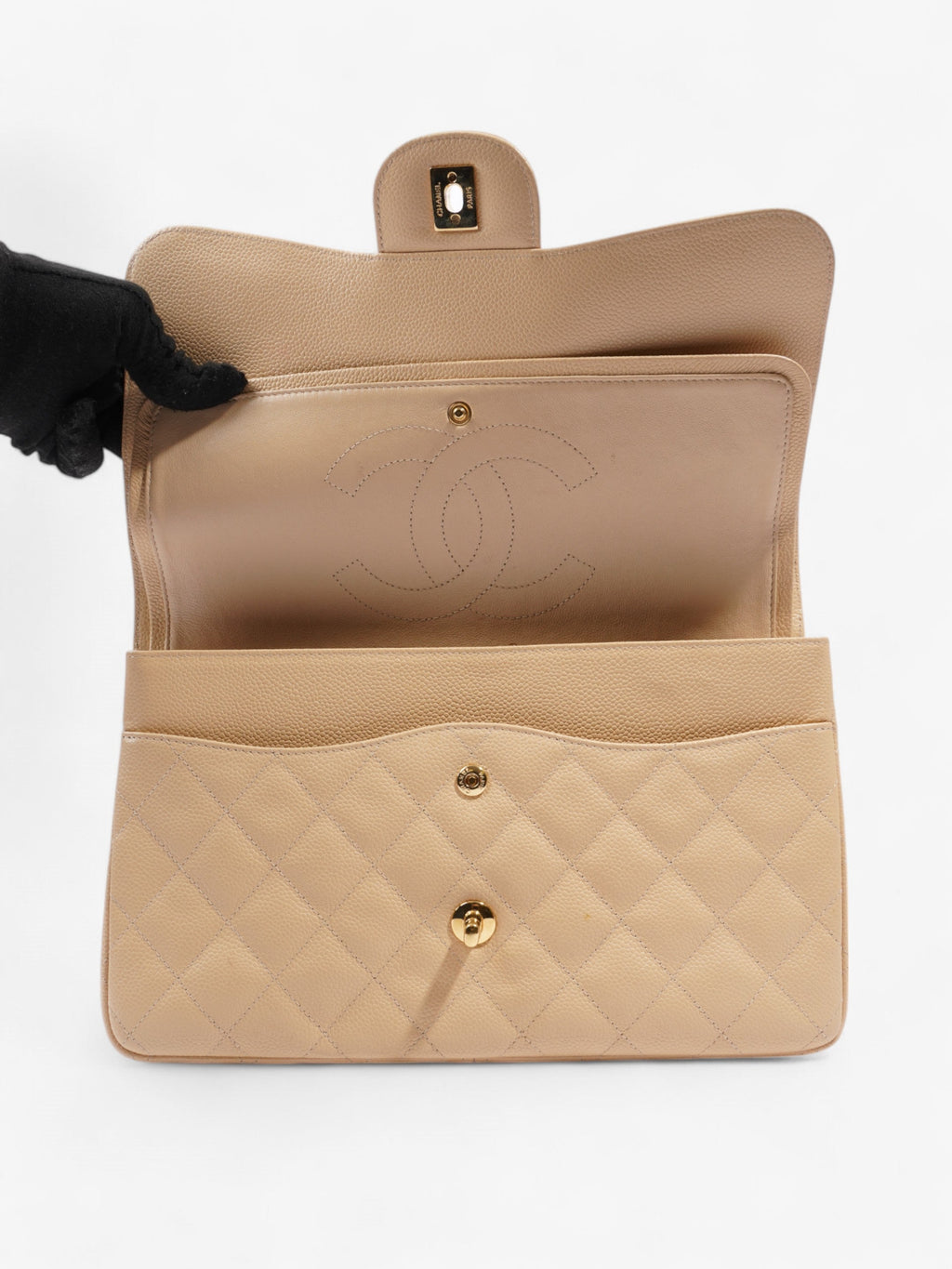 Chanel Classic Double Flap Beige Caviar Leather Jumbo
