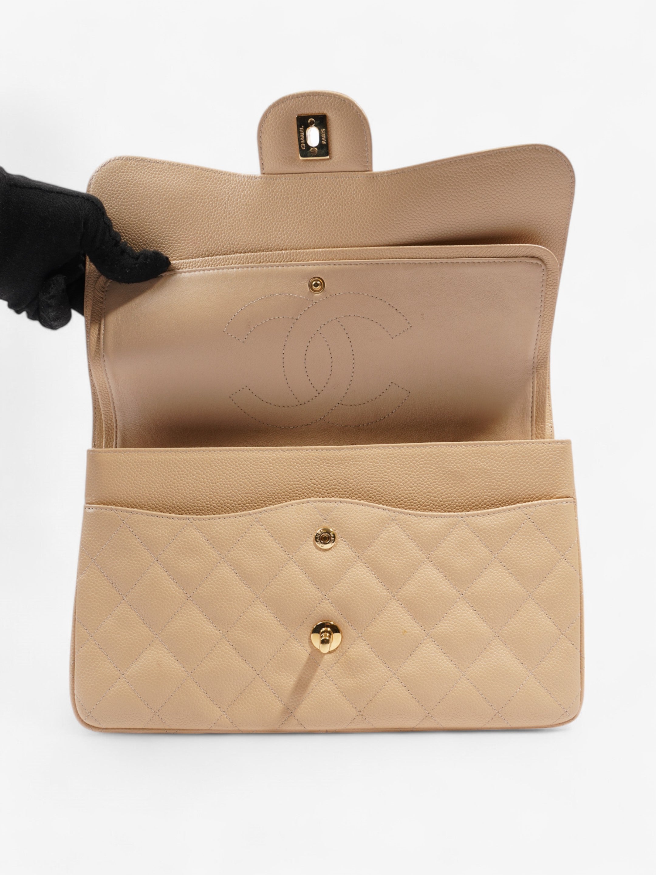 Chanel Classic Double Flap Beige Caviar Leather Jumbo