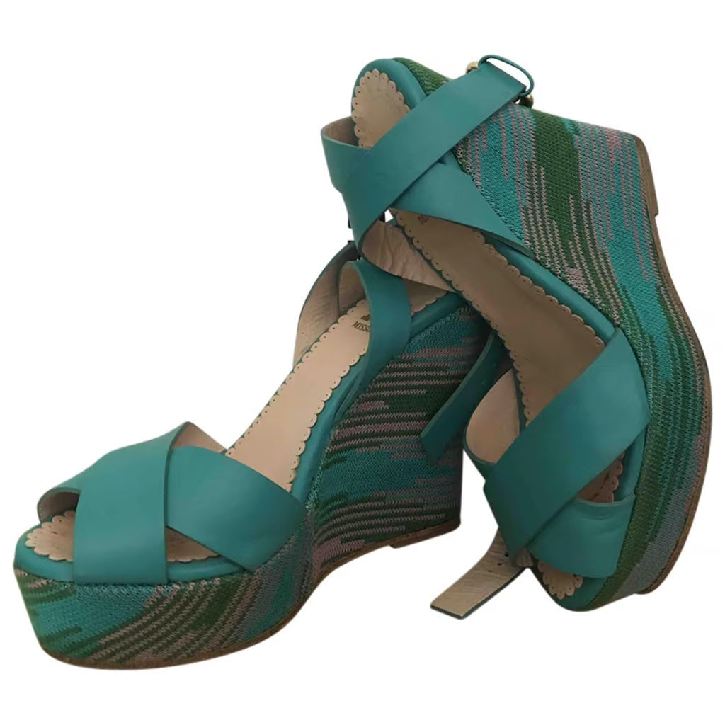 MISSONI LEATHER AND WOOVEN WEDGE HEEL SANDALS