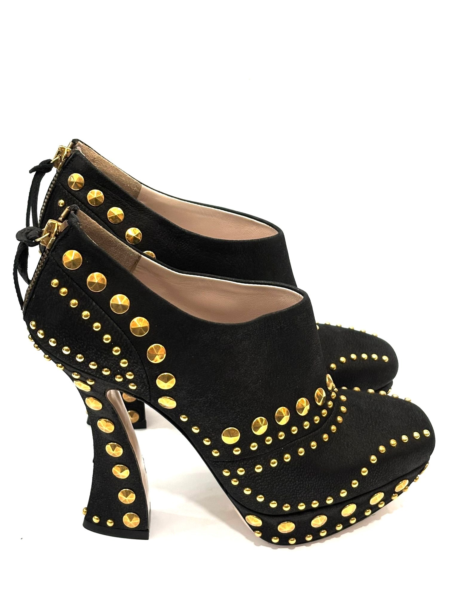 MIU MIU STUDDED SUEDE PLATFORM MARY JANE PUMPS