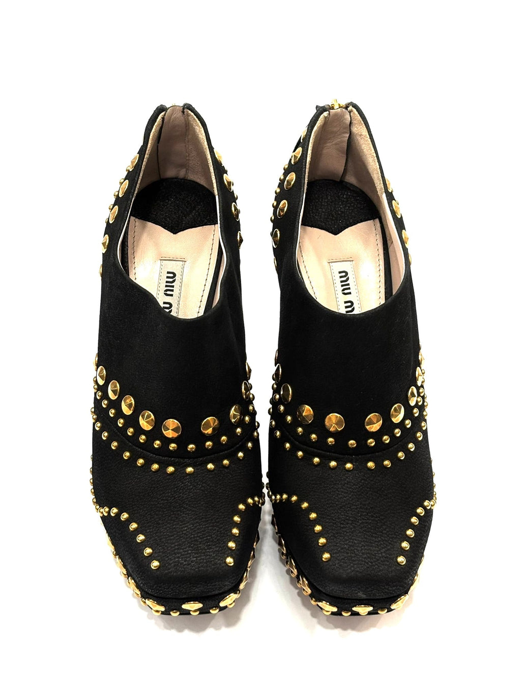 MIU MIU STUDDED SUEDE PLATFORM MARY JANE PUMPS