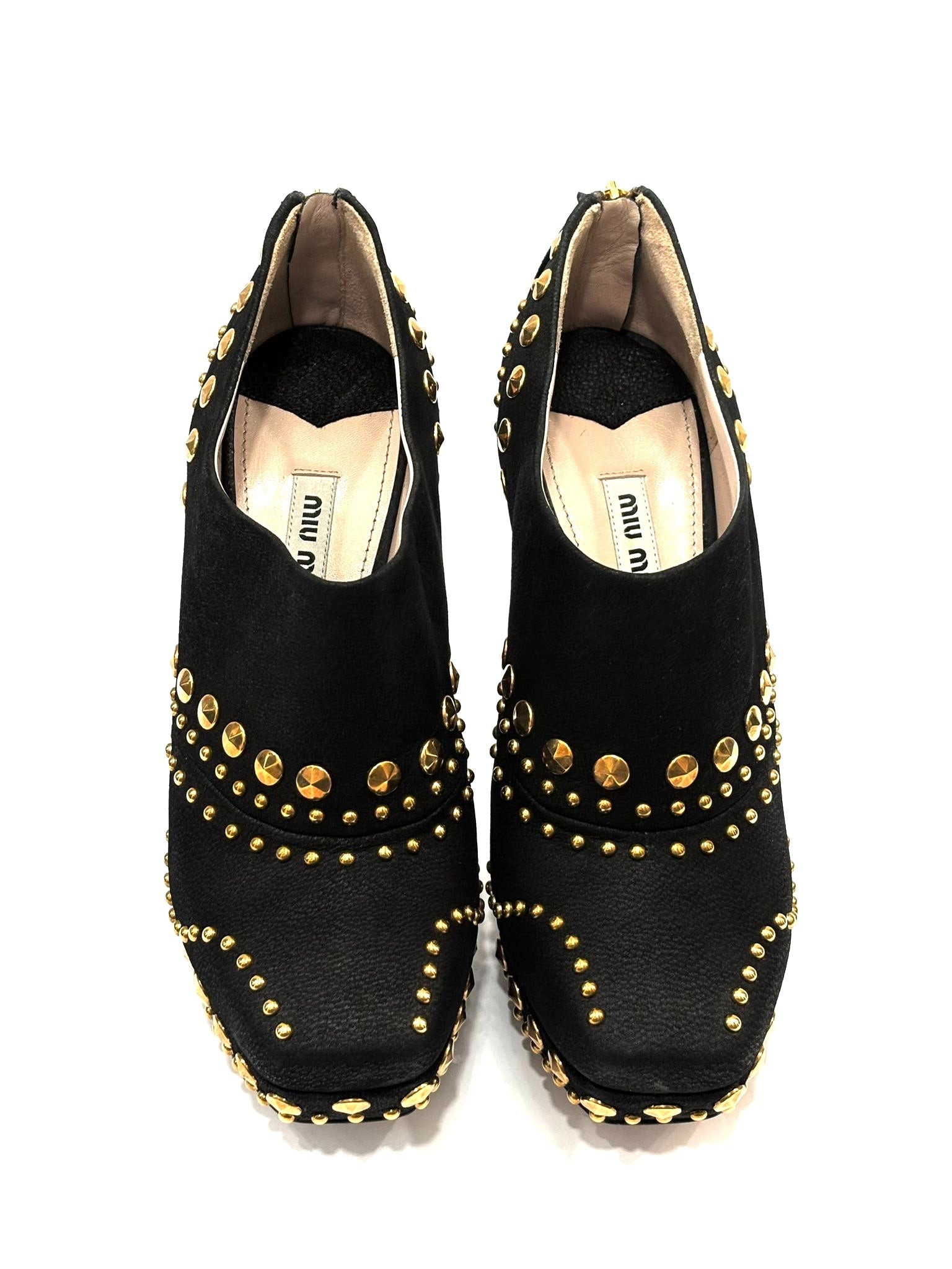 MIU MIU STUDDED SUEDE PLATFORM MARY JANE PUMPS