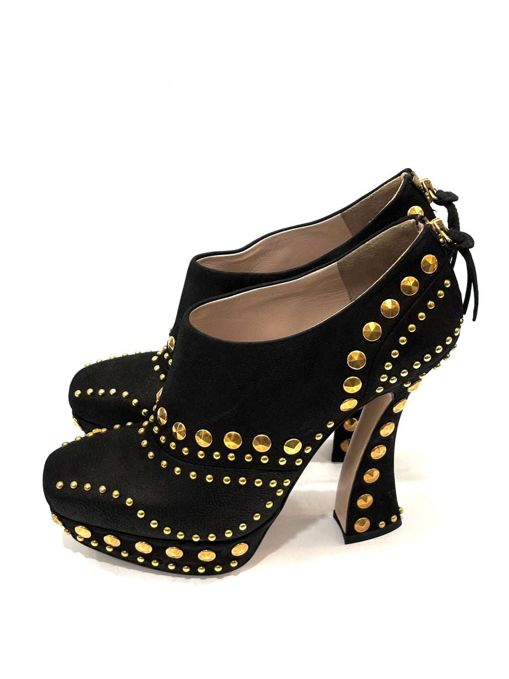 MIU MIU STUDDED SUEDE PLATFORM MARY JANE PUMPS