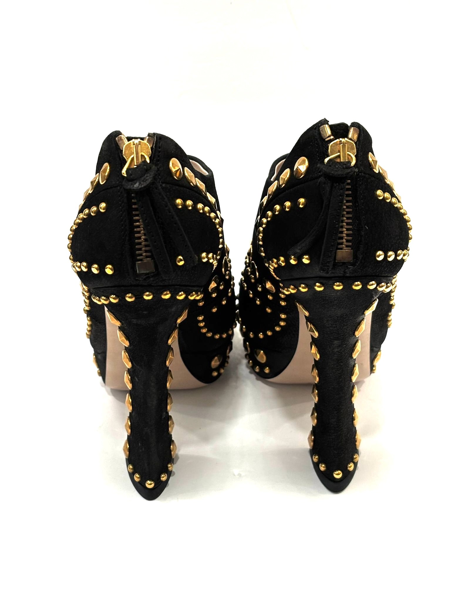 MIU MIU STUDDED SUEDE PLATFORM MARY JANE PUMPS