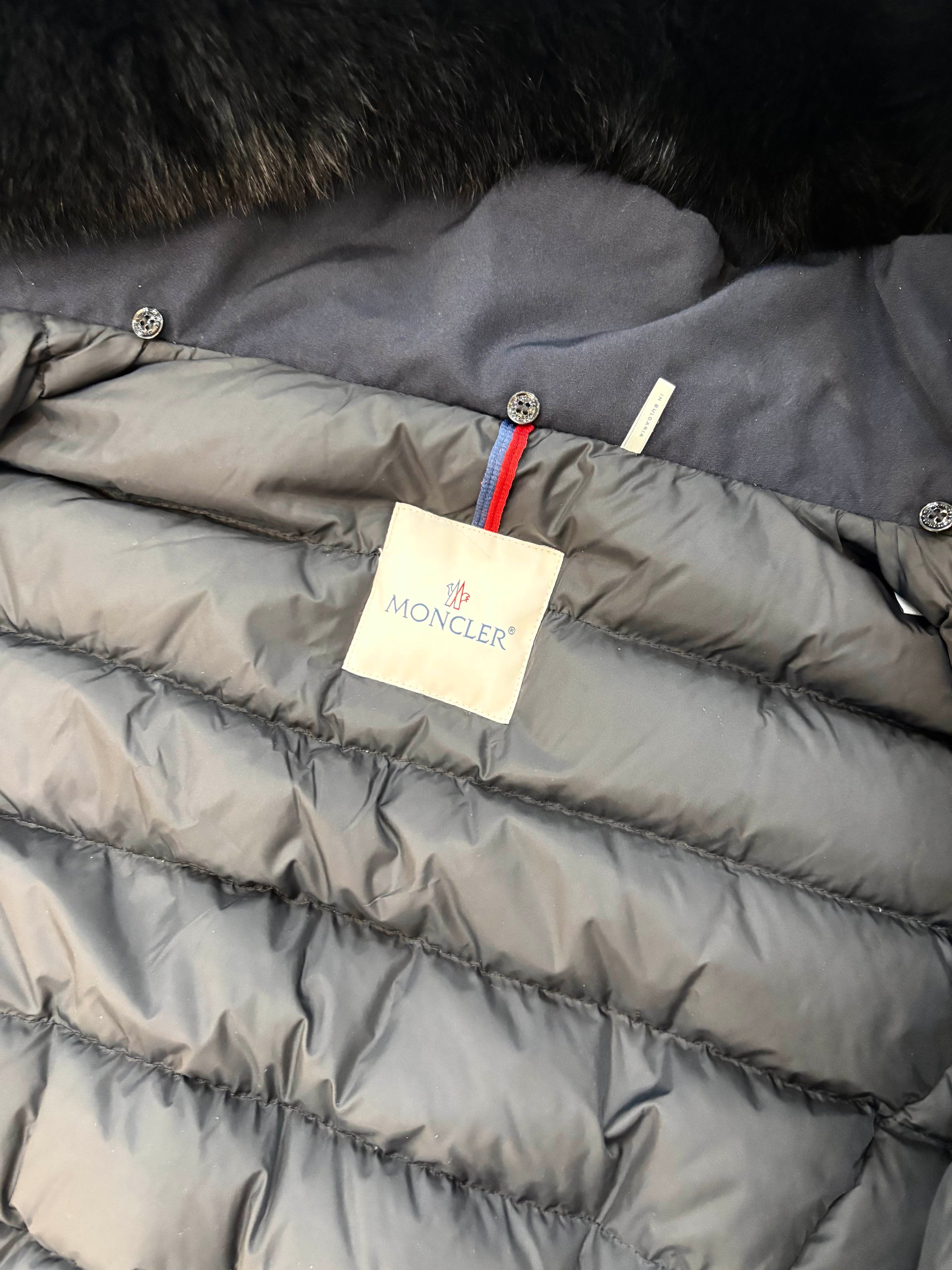 MONCLER LONG COAT WITH BLACK FUR TRIM AND HOOD