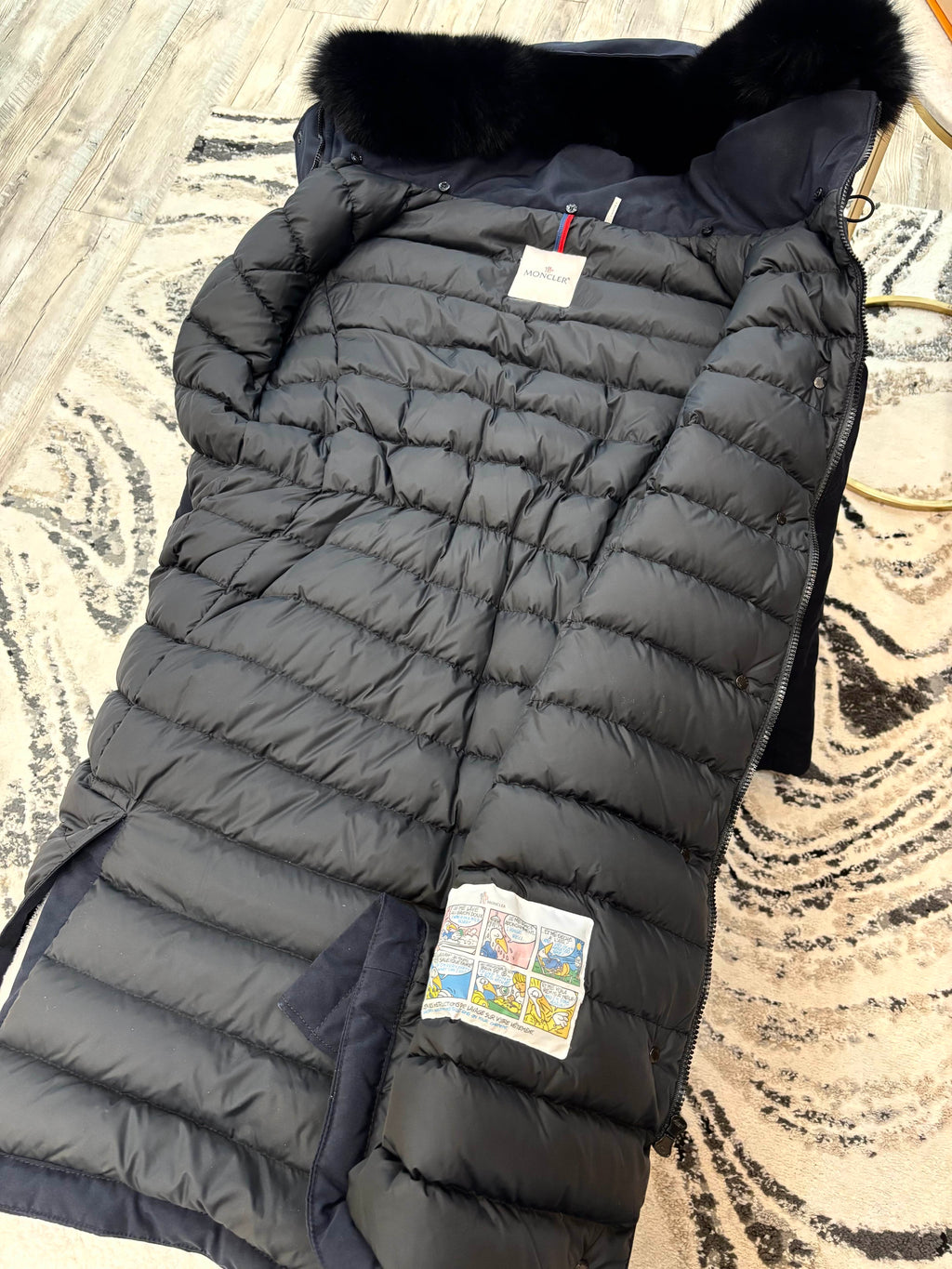MONCLER LONG COAT WITH BLACK FUR TRIM AND HOOD