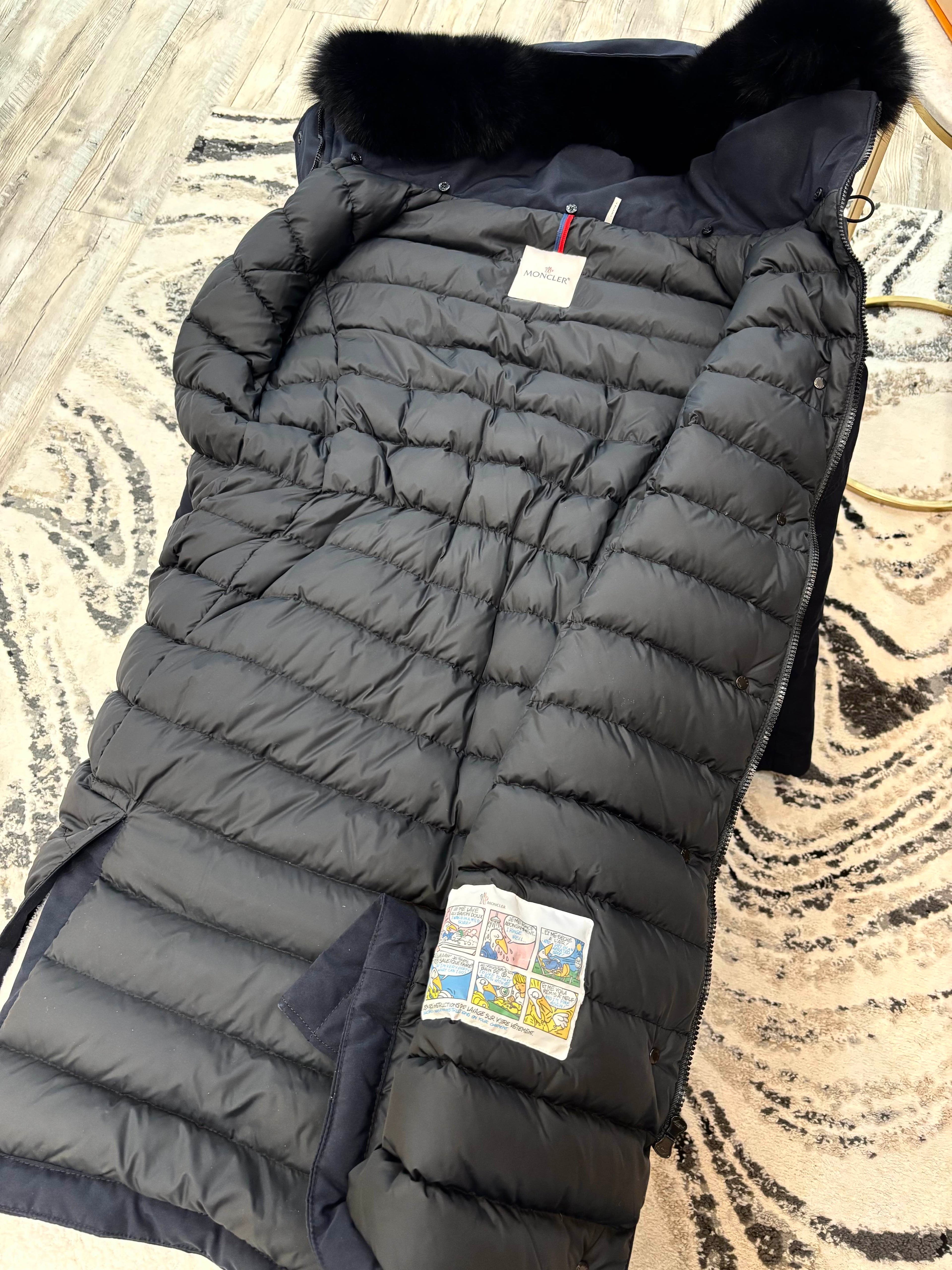 MONCLER LONG COAT WITH BLACK FUR TRIM AND HOOD