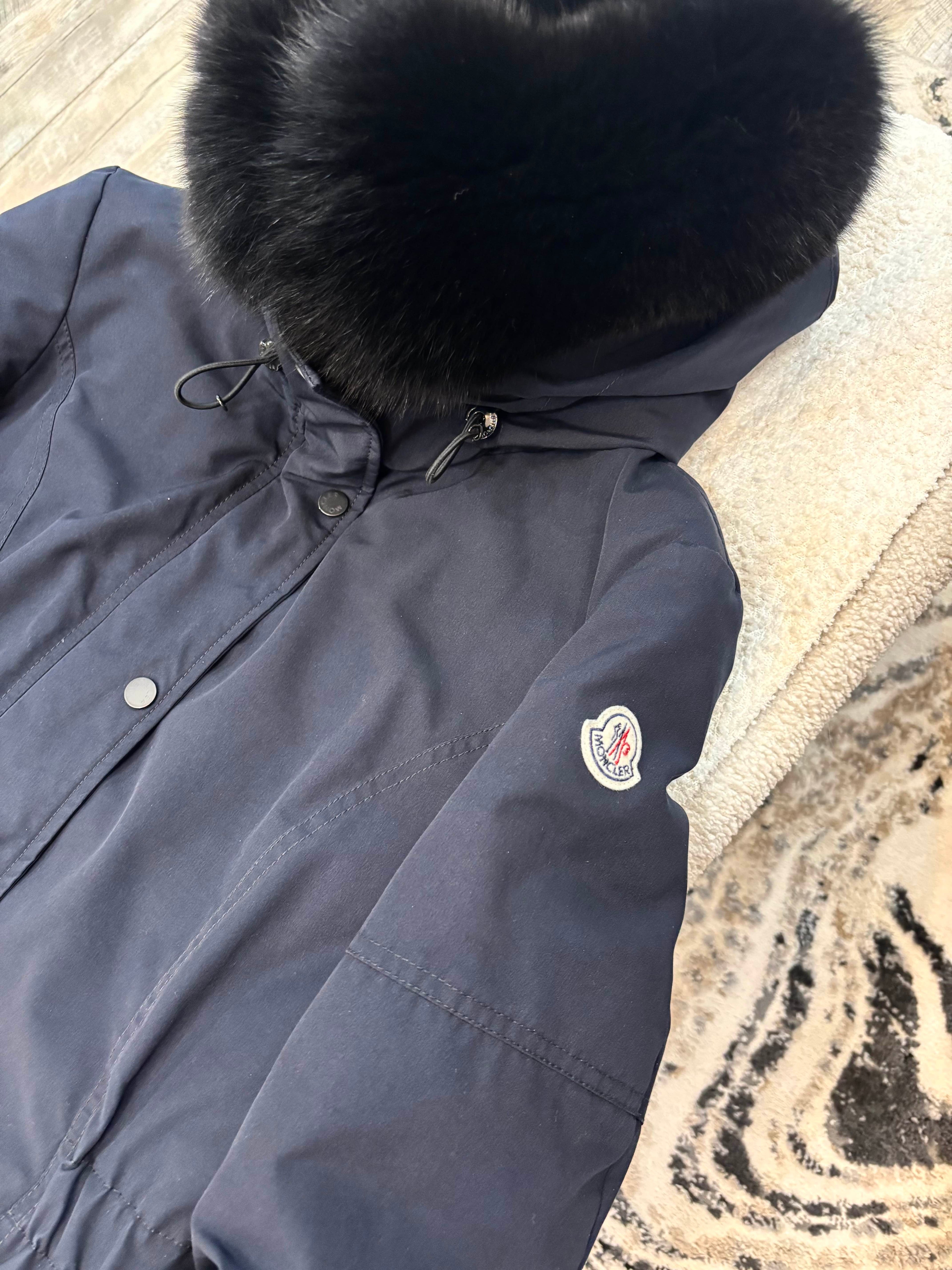 MONCLER LONG COAT WITH BLACK FUR TRIM AND HOOD