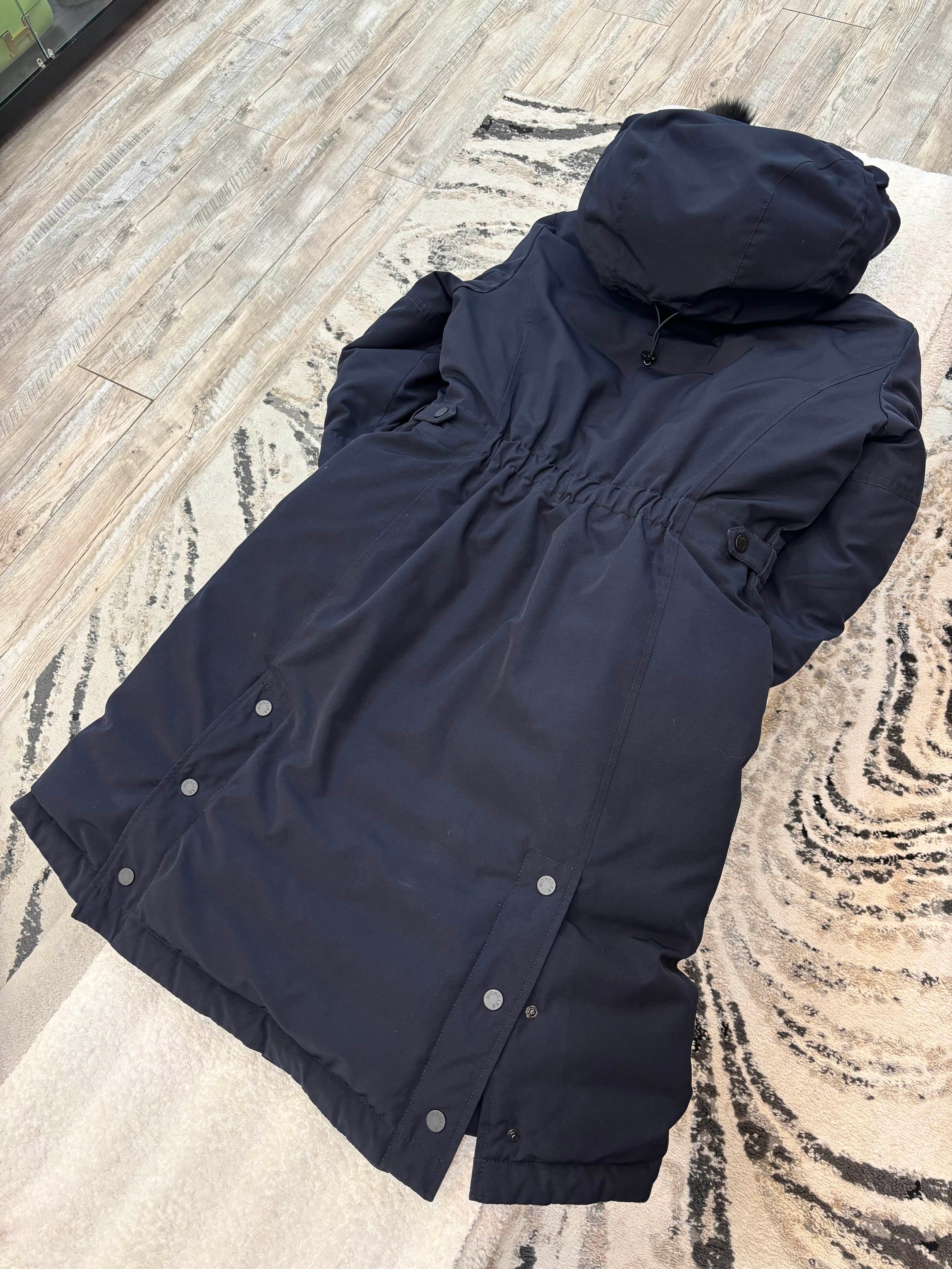 MONCLER LONG COAT WITH BLACK FUR TRIM AND HOOD
