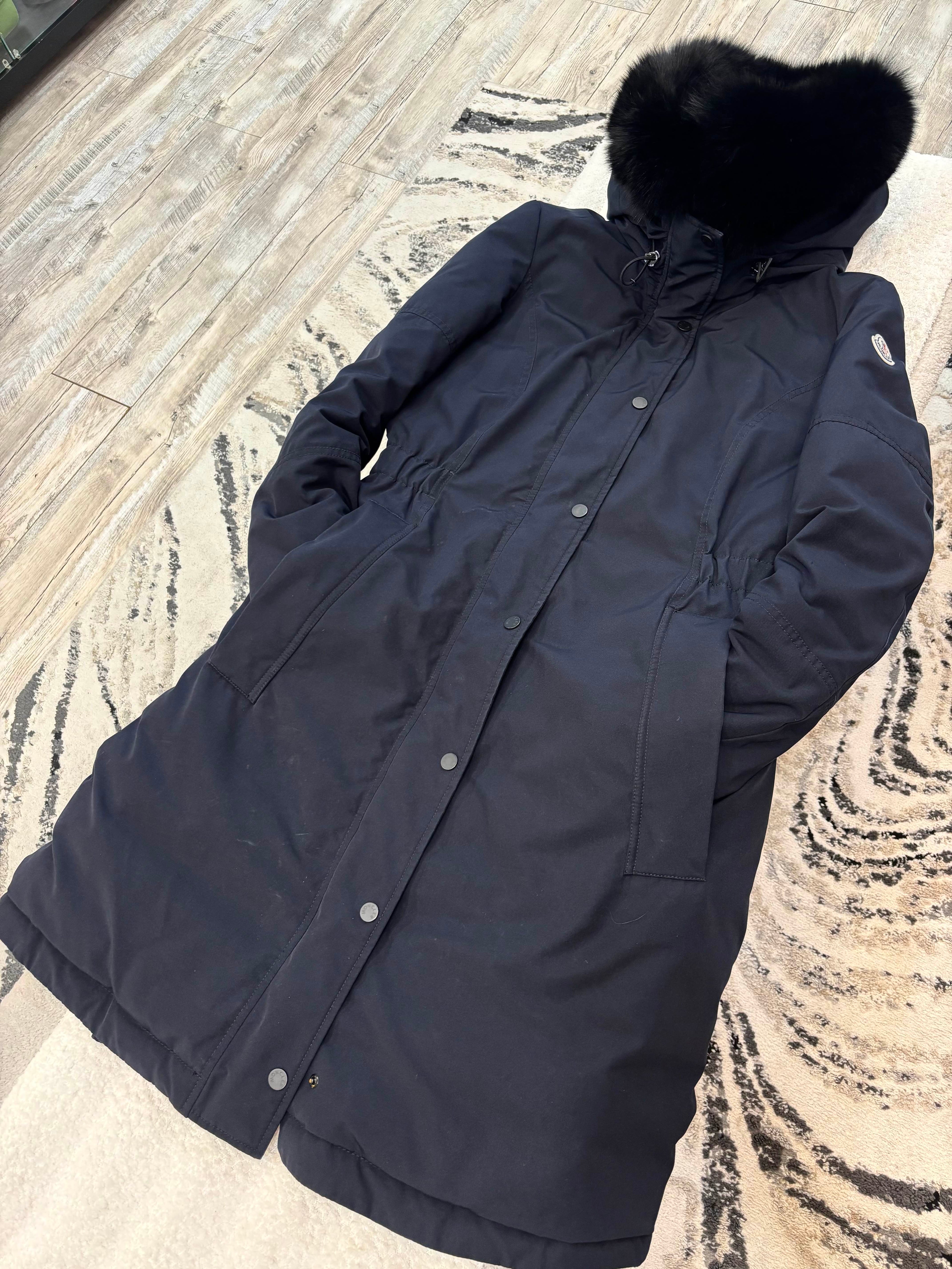 MONCLER LONG COAT WITH BLACK FUR TRIM AND HOOD