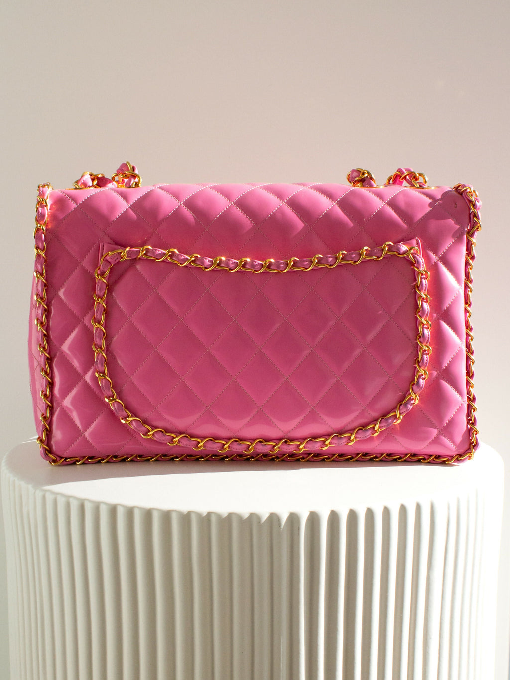 Chanel Vintage S/S1995 Barbie Pink 24K Gold Chain Around Patent Lambskin Jumbo XL 95P Bag