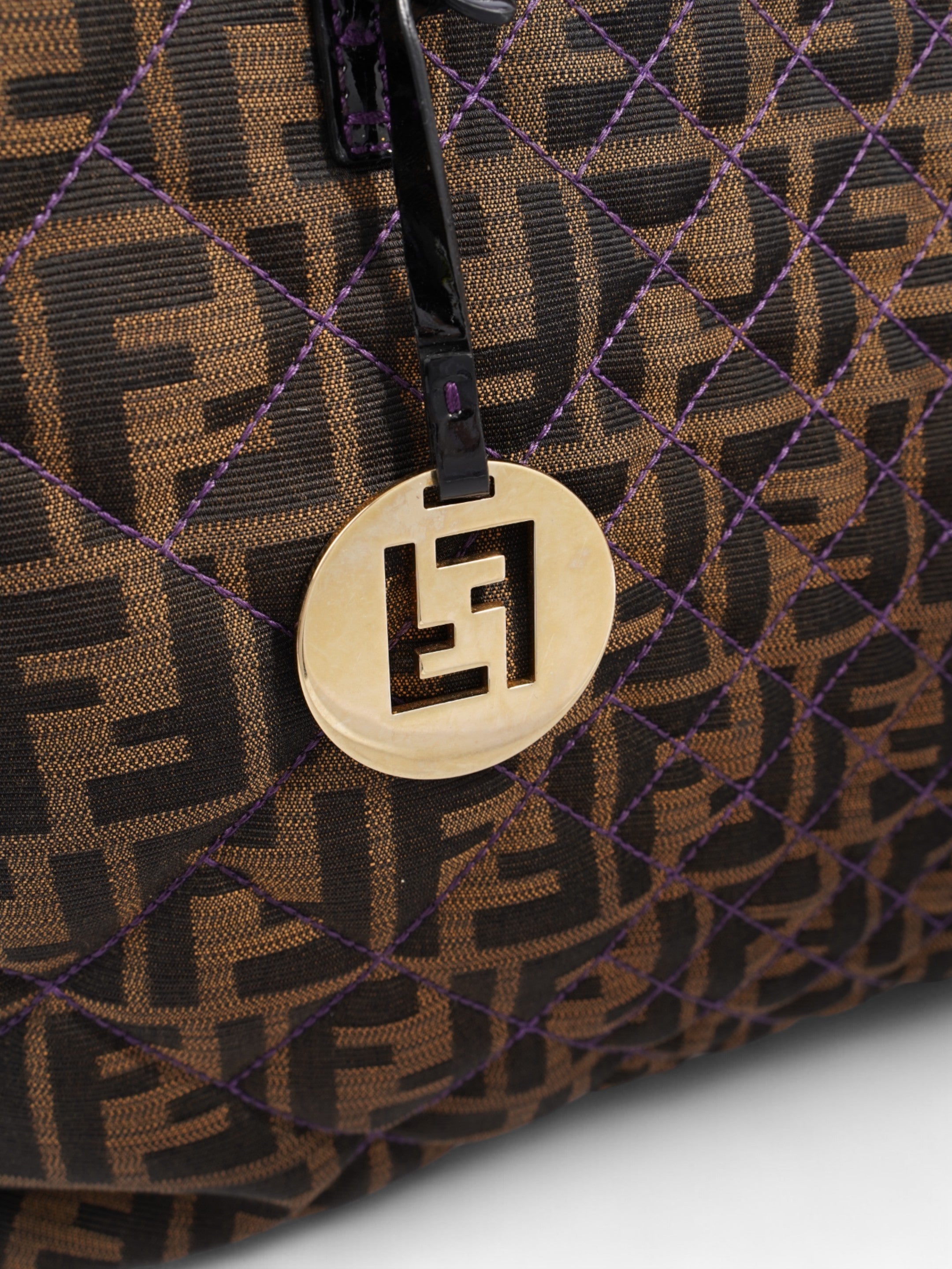 Fendi Quilted Roll Tote Brown FF / Purple Stitching / Black Cotton