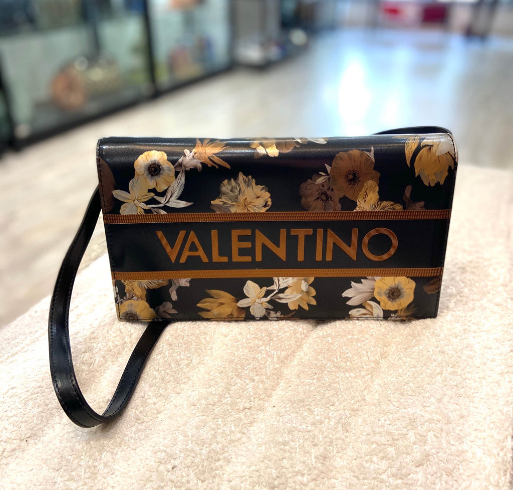 MARIO VALENTINO PURSE BLACK POLISHED LEATHER GOLD AND SILVER FLORAL