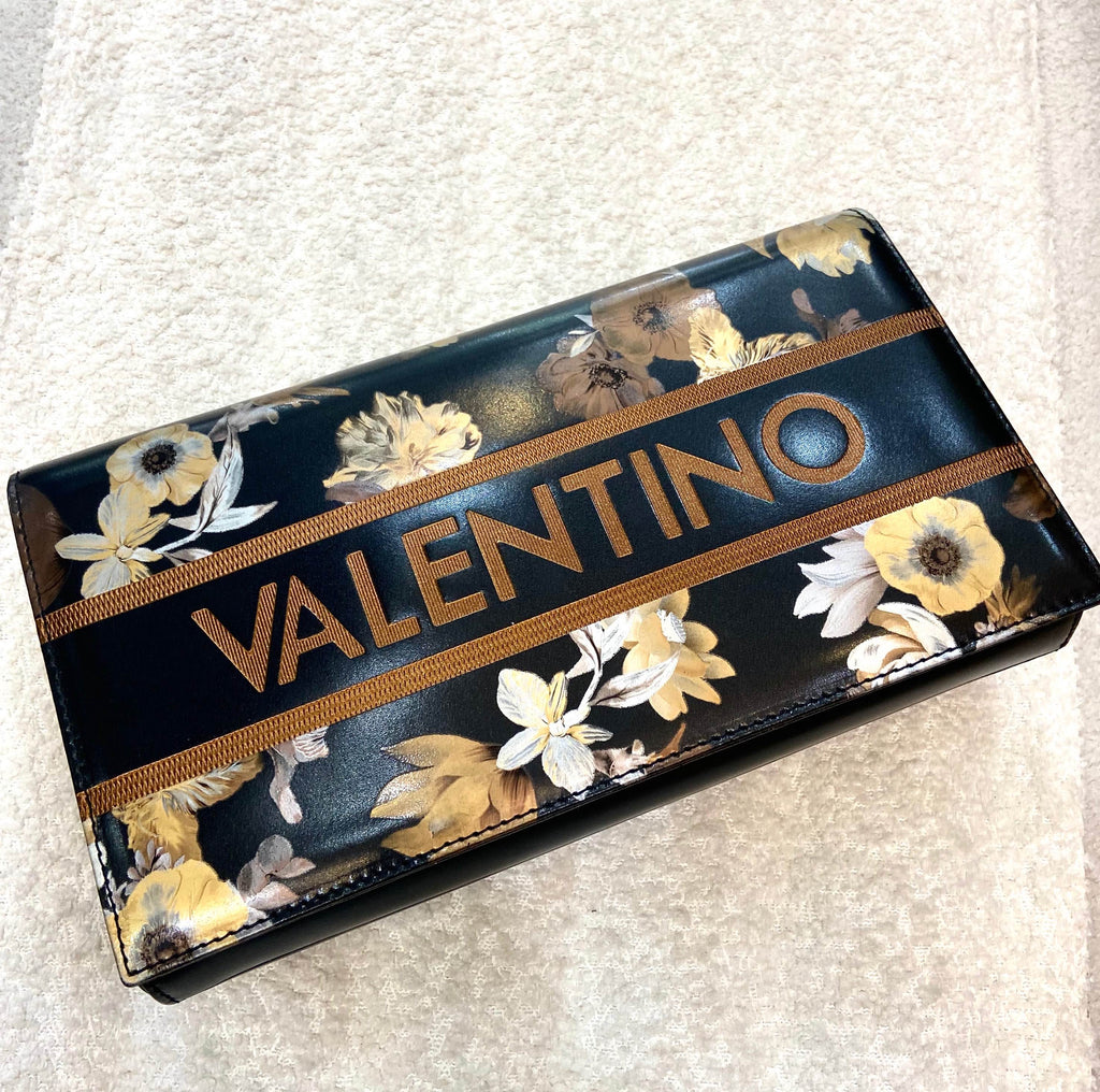 MARIO VALENTINO PURSE BLACK POLISHED LEATHER GOLD AND SILVER FLORAL