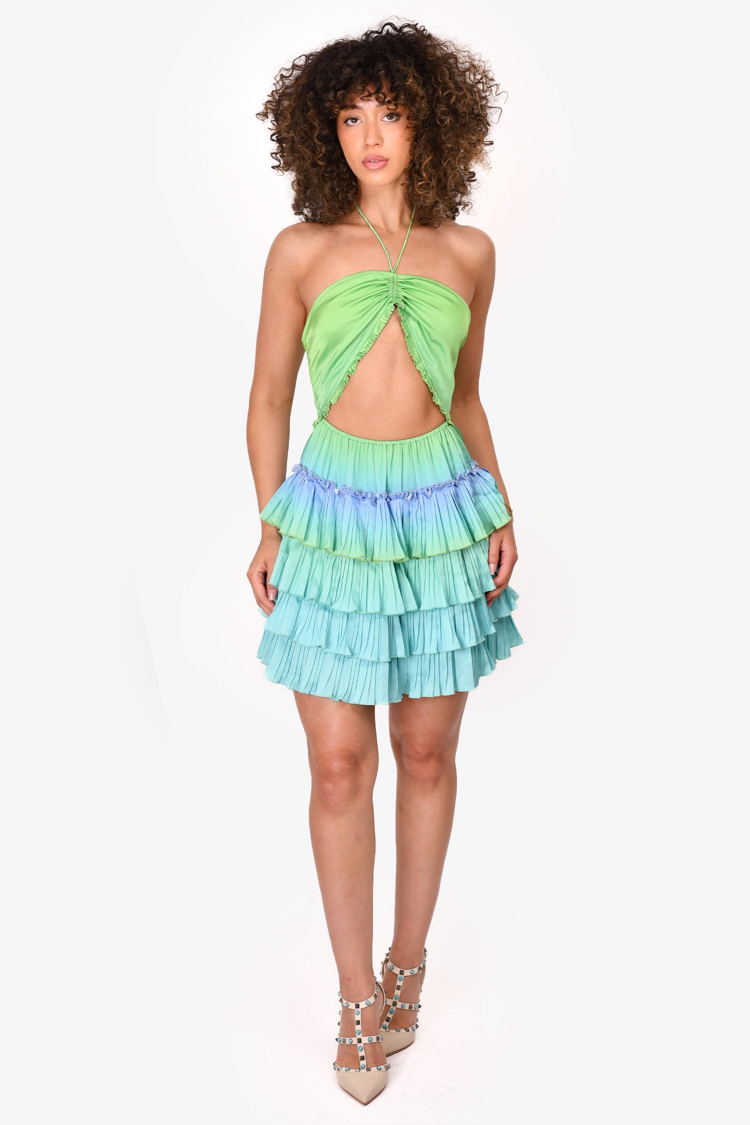 Rococo Sand Green/Blue Cut-Out Pleated Sleeveless Mini 'Kiki' Dress Size M