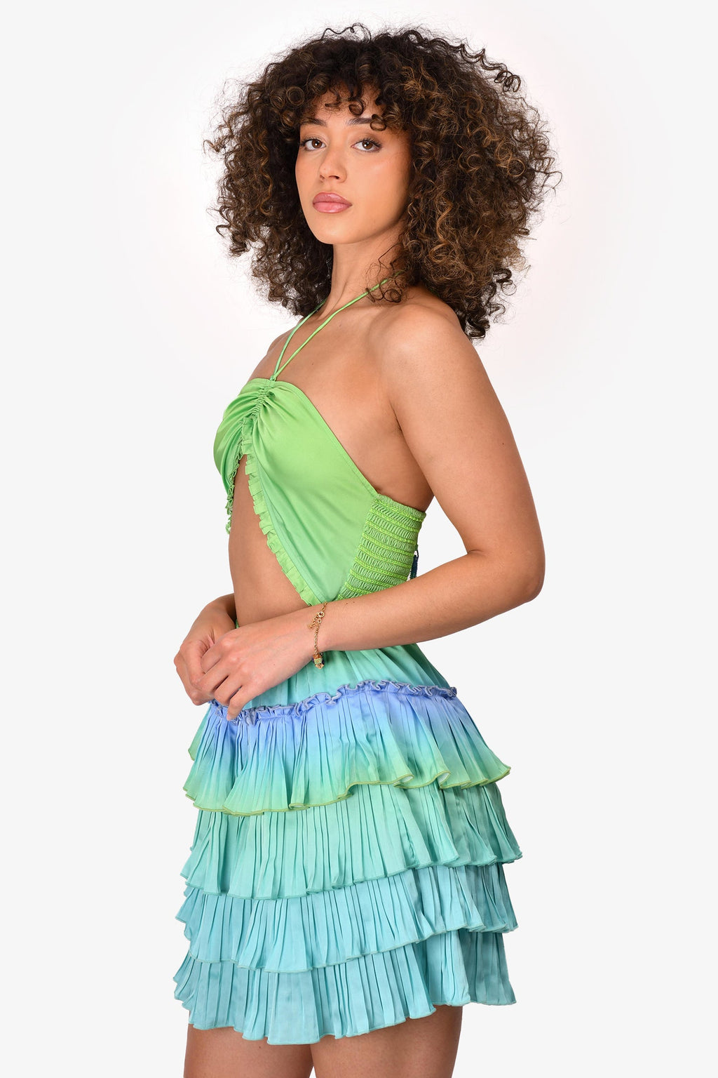 Rococo Sand Green/Blue Cut-Out Pleated Sleeveless Mini 'Kiki' Dress Size M
