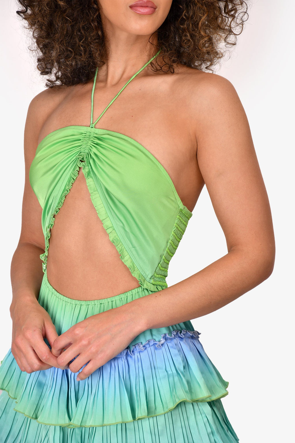 Rococo Sand Green/Blue Cut-Out Pleated Sleeveless Mini 'Kiki' Dress Size M