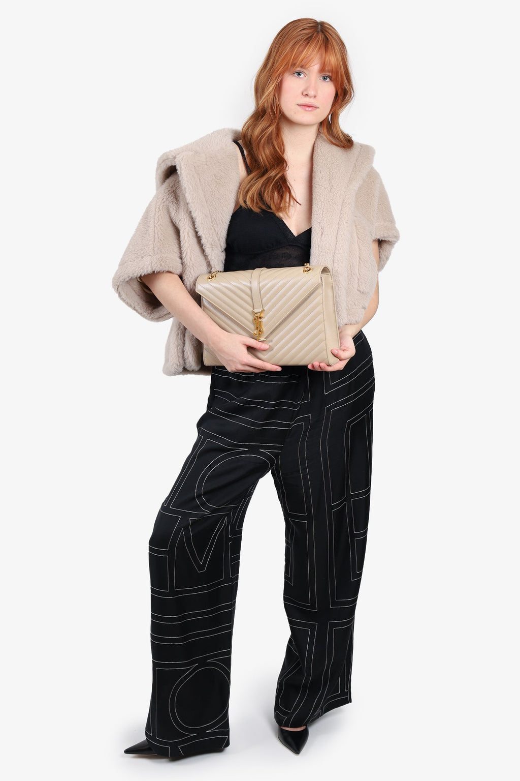 Saint Laurent Beige Grain De Poudre Matelasse Chevron Large Envelop Bag